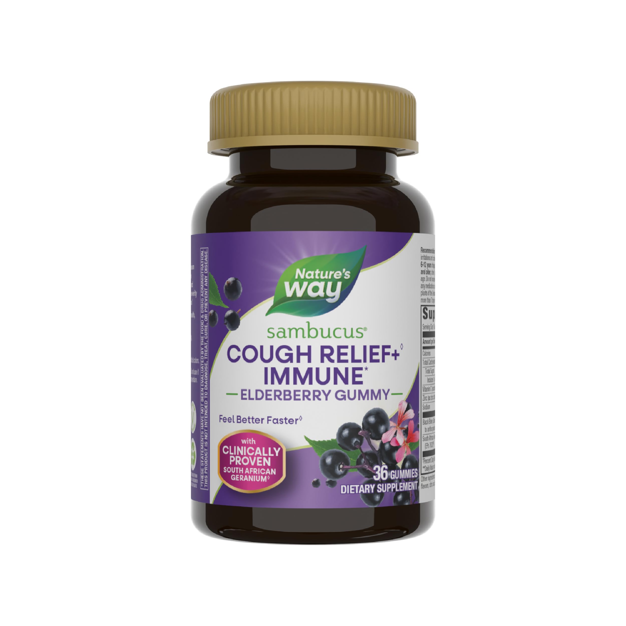Nature's Way Sambucus Cough Relief +(1) Immune* Elderberry Gummy, Clinically Proven South African Geranium Root Extract(1), Elderberry Extract, Vitamin C & Zinc, 36 Gummies (Packaging May Vary)