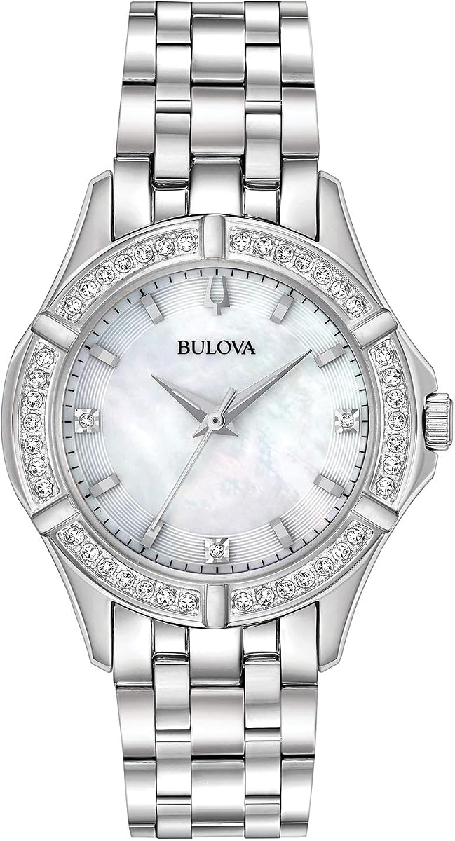 Bulova Reloj clásico de cuarzo de acero inoxidable con 3 manecillas para mujer, esfera y bisel de diamantes con esfera de nácar blanca Estilo: 96R233
