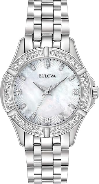 Bulova Ladies Classic Stainless Steel 3-Hand Quartz Watch, Diamond Dial and Bezel with White Mother-of-Pearl Dial Style 96R233