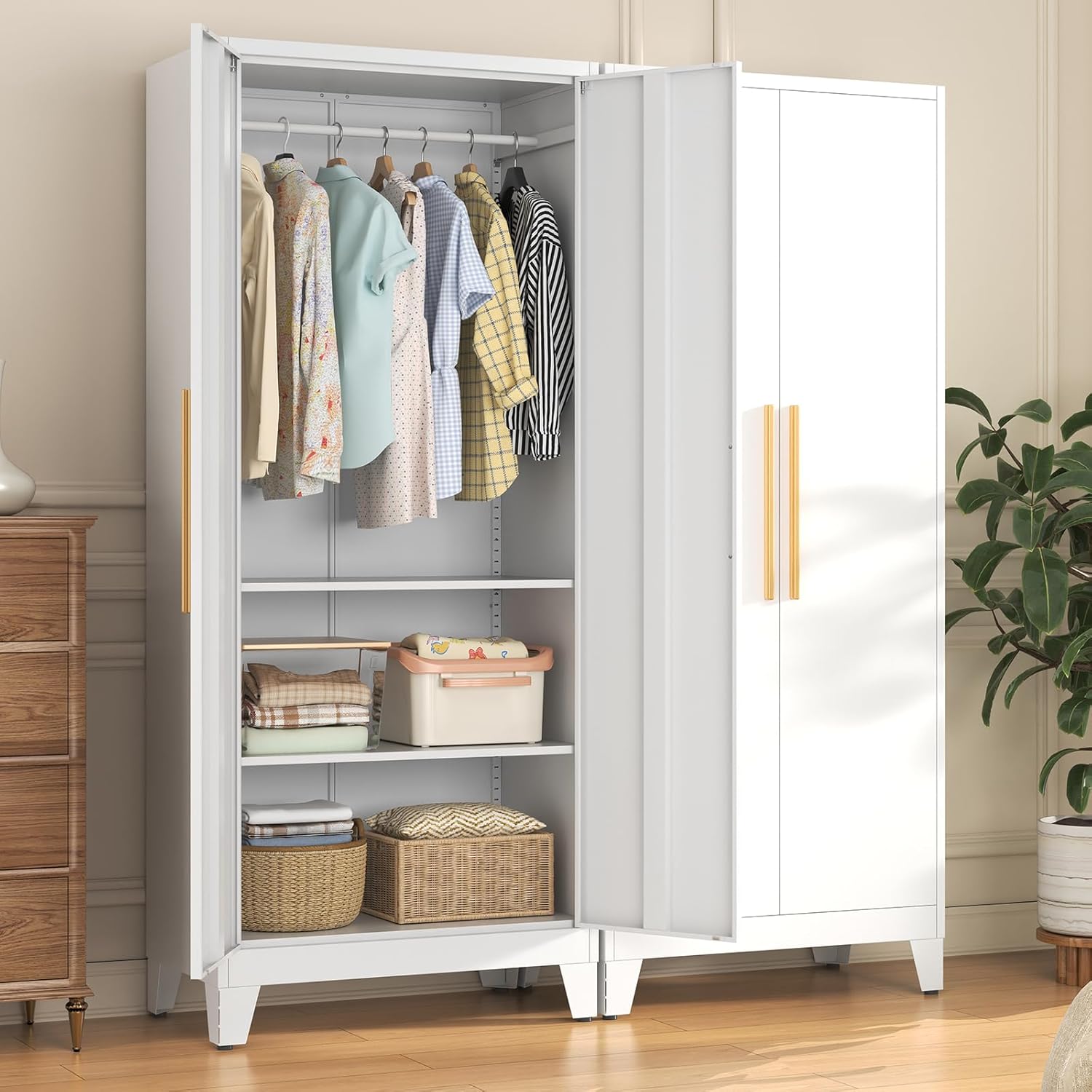 75.3" Tall Metal Armoire Wardrobe Closet - Large Clothing Storage Cabinet with 1 Hanging Rod,2 Adjustable Shelves & 2 Doors - Closet Organizer for Bedroom,Office, Laundry Room, Garage - White