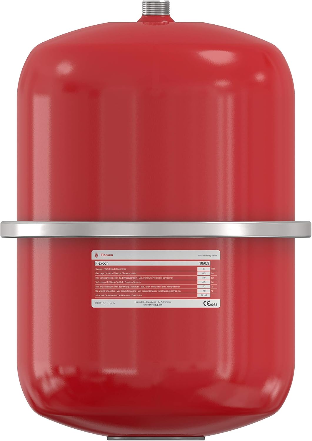 Close-up of the Flamco Flexcon expansion tank label showing specifications like capacity, pre-charge pressure, and maximum working pressure.
