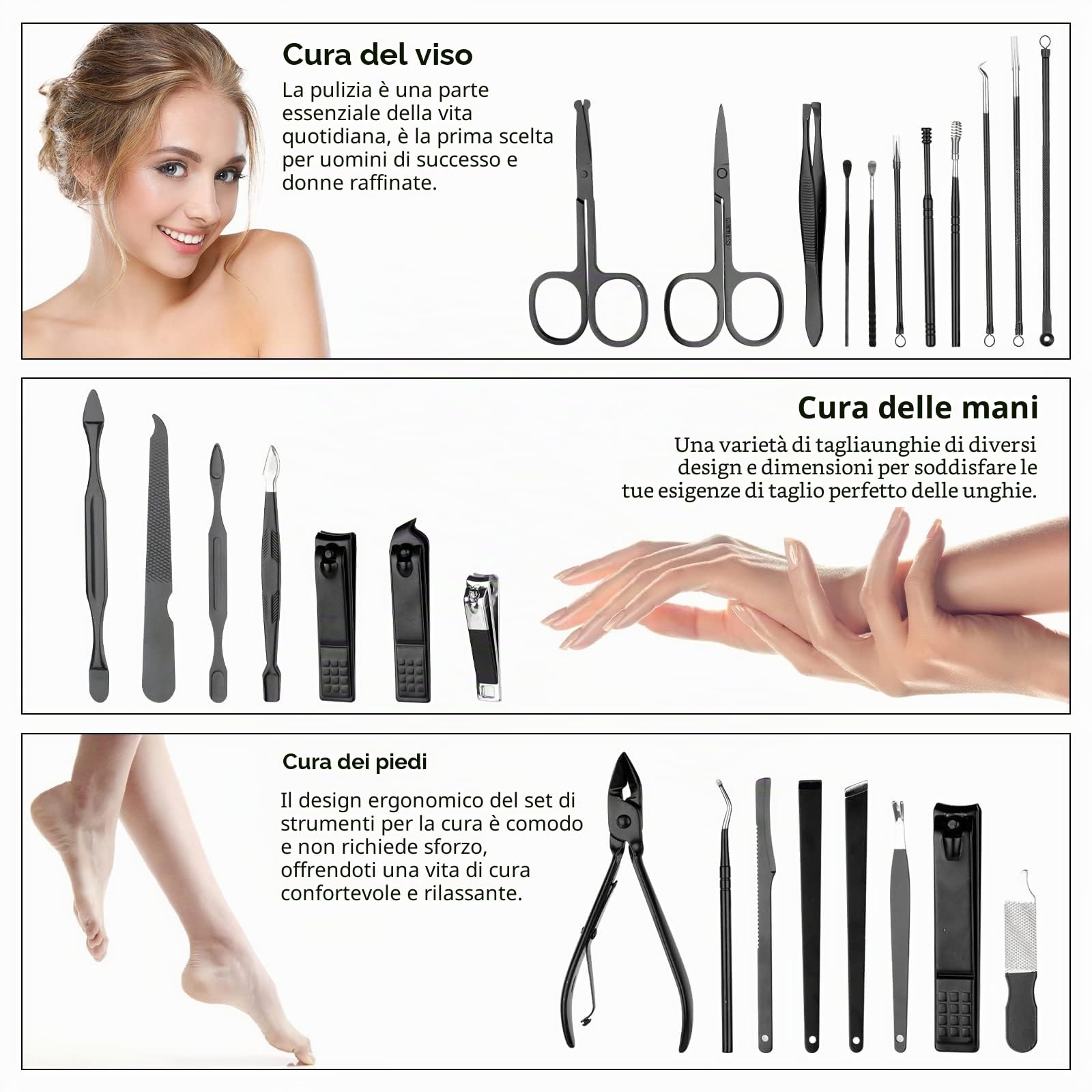 26 Pezzi Set Manicure Professionale Kit Set Tagliaunghie Pedicure Set Donna Uomo con Lima per Unghie Taglia Unghie per Mani Tagliaunghie Piedi Taglia Spingi Cuticole Tronchesino Unghie | Nero