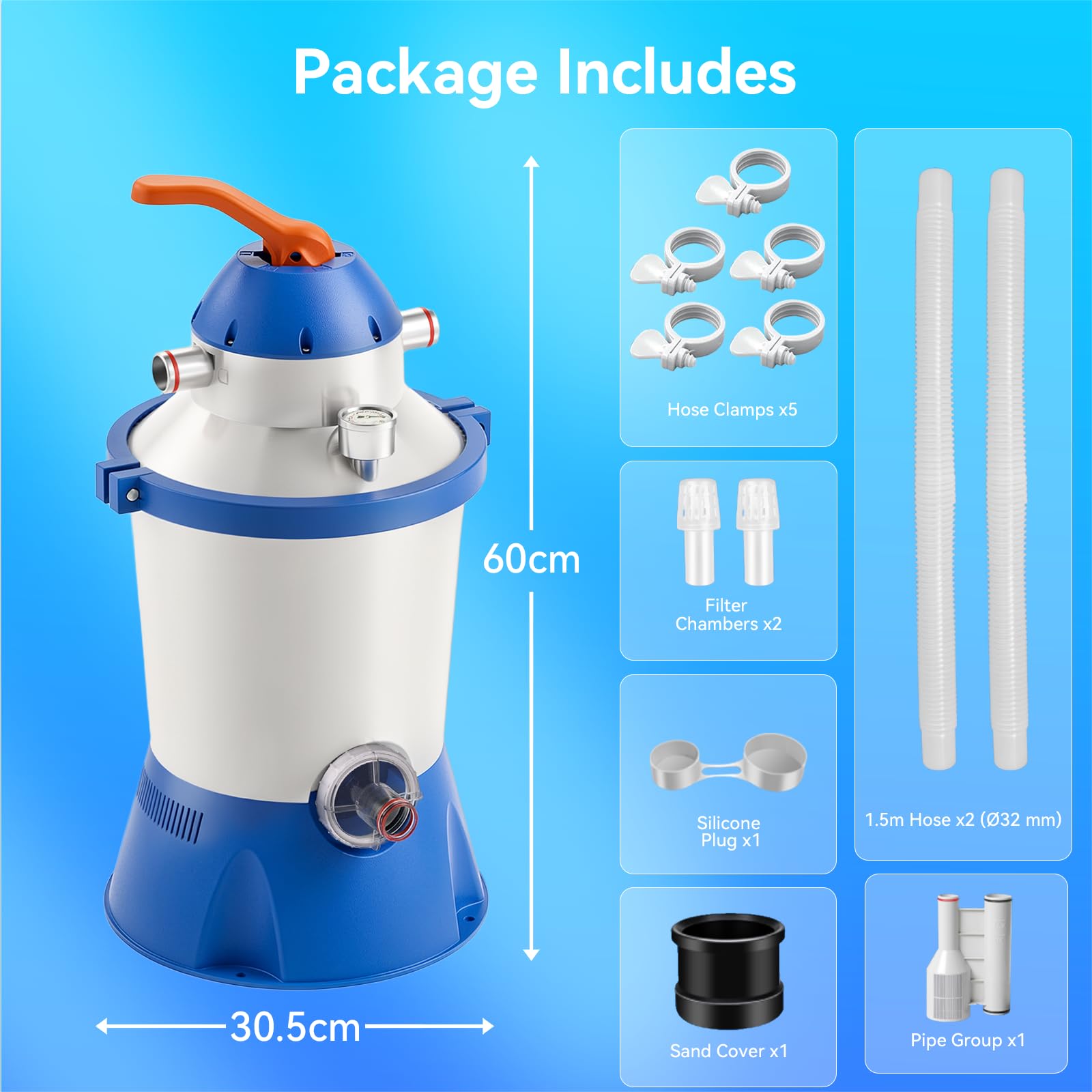 Depuradora Piscina Arena 90W 3785L/h - Kit de Filtración Completo para Piscina Desmontable con Válvula de 6 Vías y Manómetro, Filtro Arena Fácil Instalación para Piscinas Pequeñas