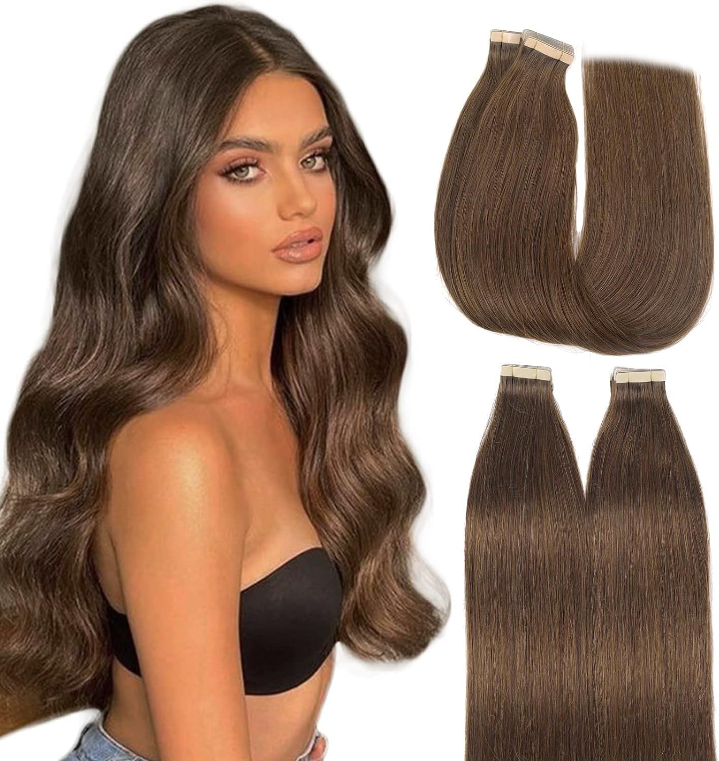 HotLulana Doczepiane naturalne włosy do przedłużania włosów w kolorze czekoladowego brązu, 50 cm, 50 g, niewidoczne, 100% naturalne włosy na taśmie, 20 sztuk, prawdziwe włosy #4.