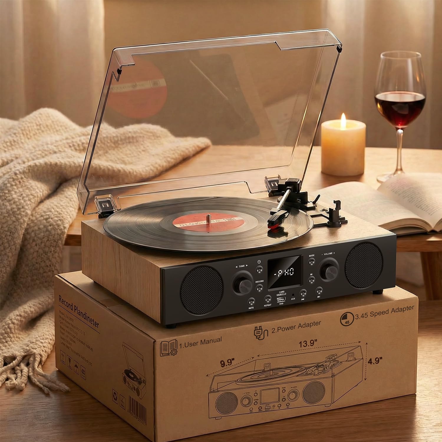 Odtwarzacz płyt z wbudowanymi głośnikami, gramofon Bluetooth w stylu vintage, 3 prędkości, z nagrywaniem USB, odbiorem Bluetooth, wyjściem liniowym RCA i wejściem AXU, radiem FM, odtwarzaczem płyt