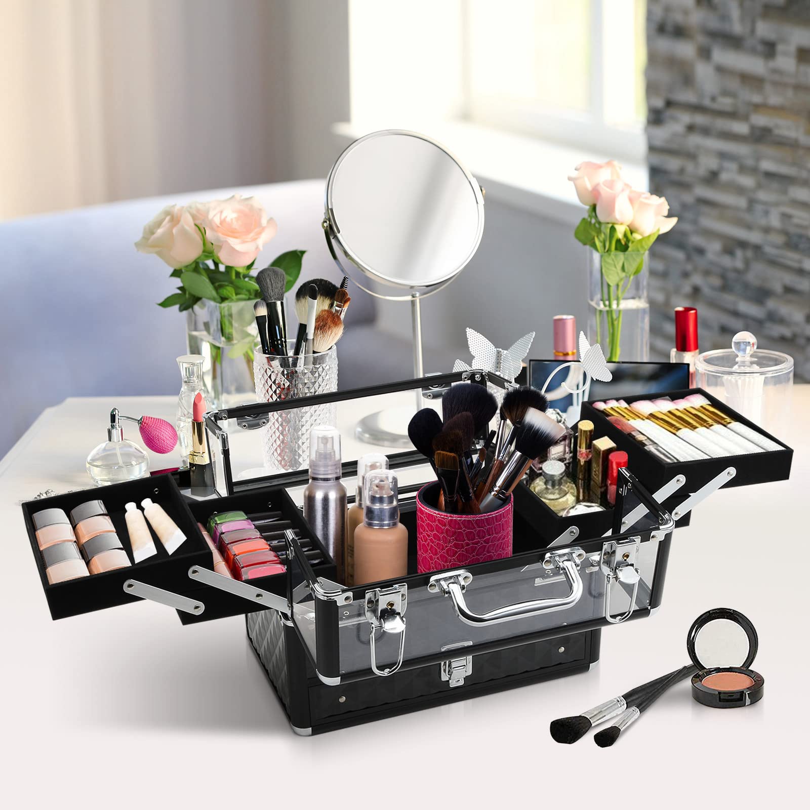 HOMCOM Valigetta Porta Trucchi Professionale da Viaggio con Serratura, Nero | Valigetta Trucchi con Vassoi Estraibili, per Makeup Beauty Case Donna, 30x18.5x22 cm