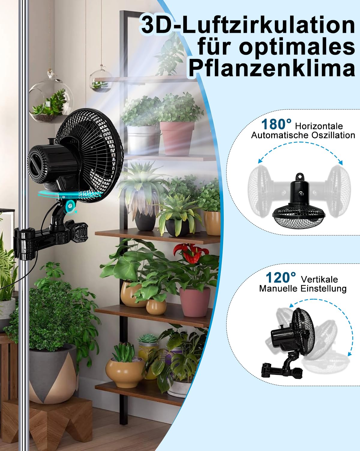 [Verbesserte] Oszillierend Grow Ventilator mit Clip, 2 Geschwindigkeitsstufen Klein Klemmventilator Leiser Betrieb 20W, Verstellbare Neigung, Umluft Pflanzen Ventilatoren für Growzelt Growbox, Ø 20cm