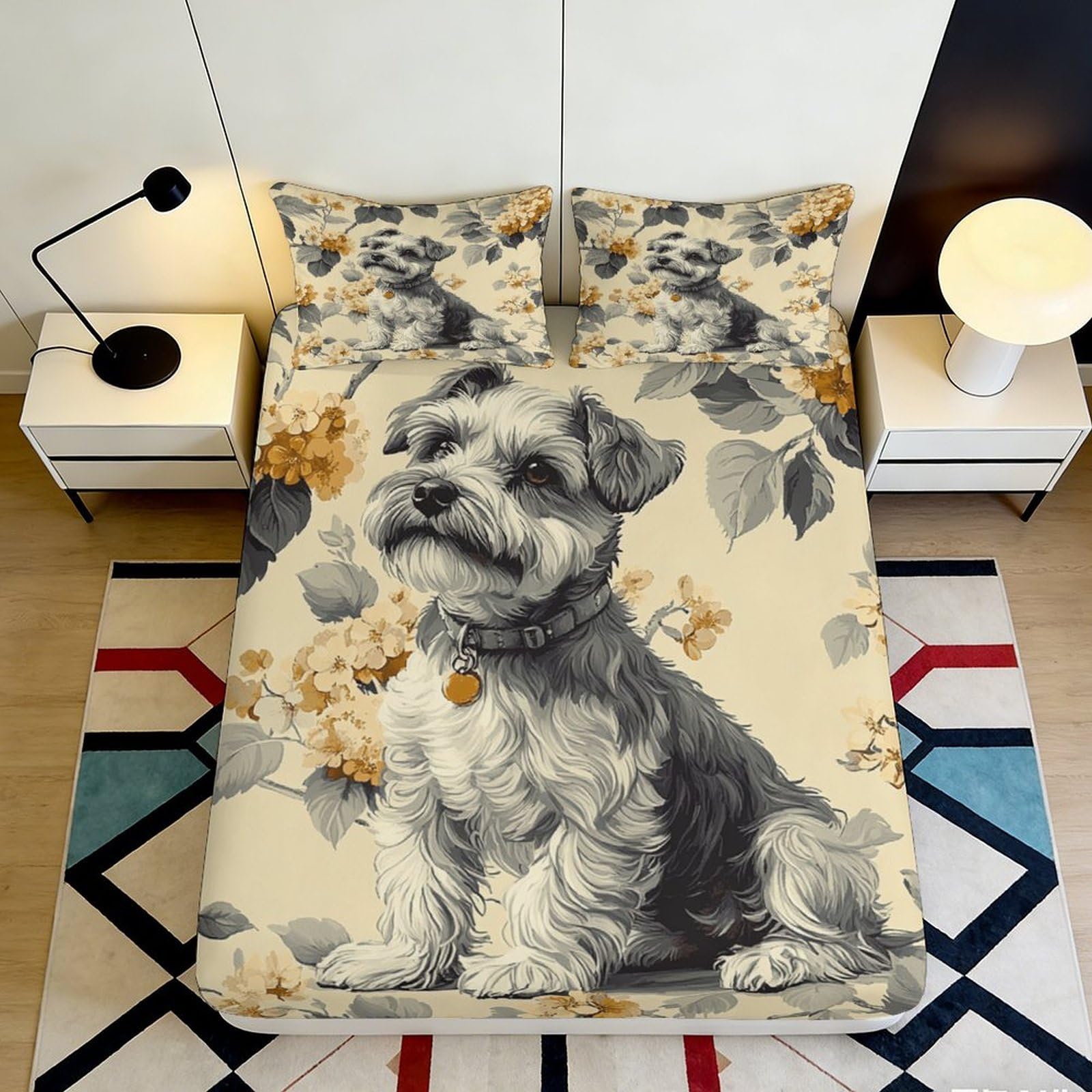 Pnayamiorkfel Style-3 3D Printed Schnauzer Dog Fitted Sheet Microfiber Yellow Floral Bed Cover Non-Slip Machine Washable For Bedroom Dorm Decor 90X200x25cm