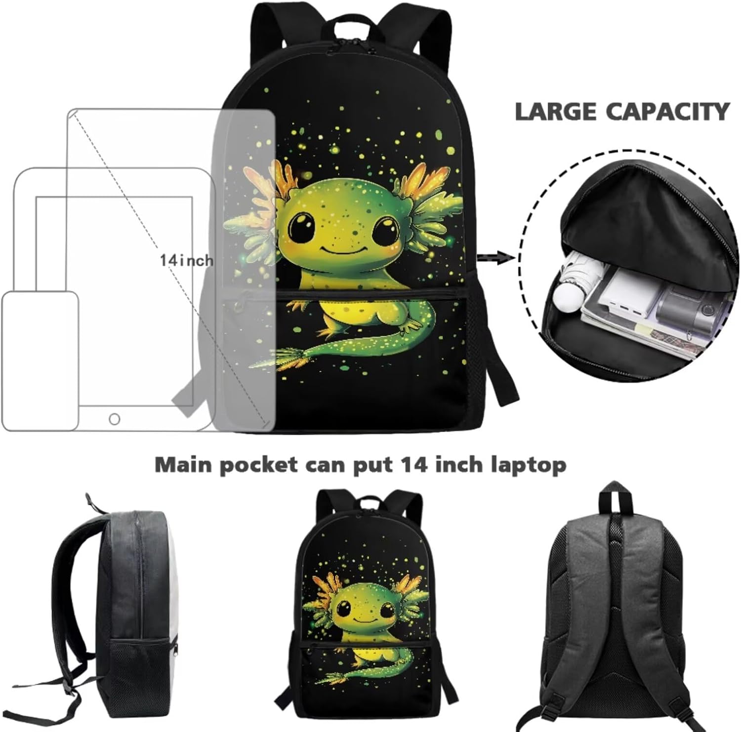 JEOCODY Girls School Bag Cute Axolotl Backpack with Lunchbox Pencil Case and Water Bottle Holder Set of 4 School Daypack for Travel Hiking Back to School Accessories