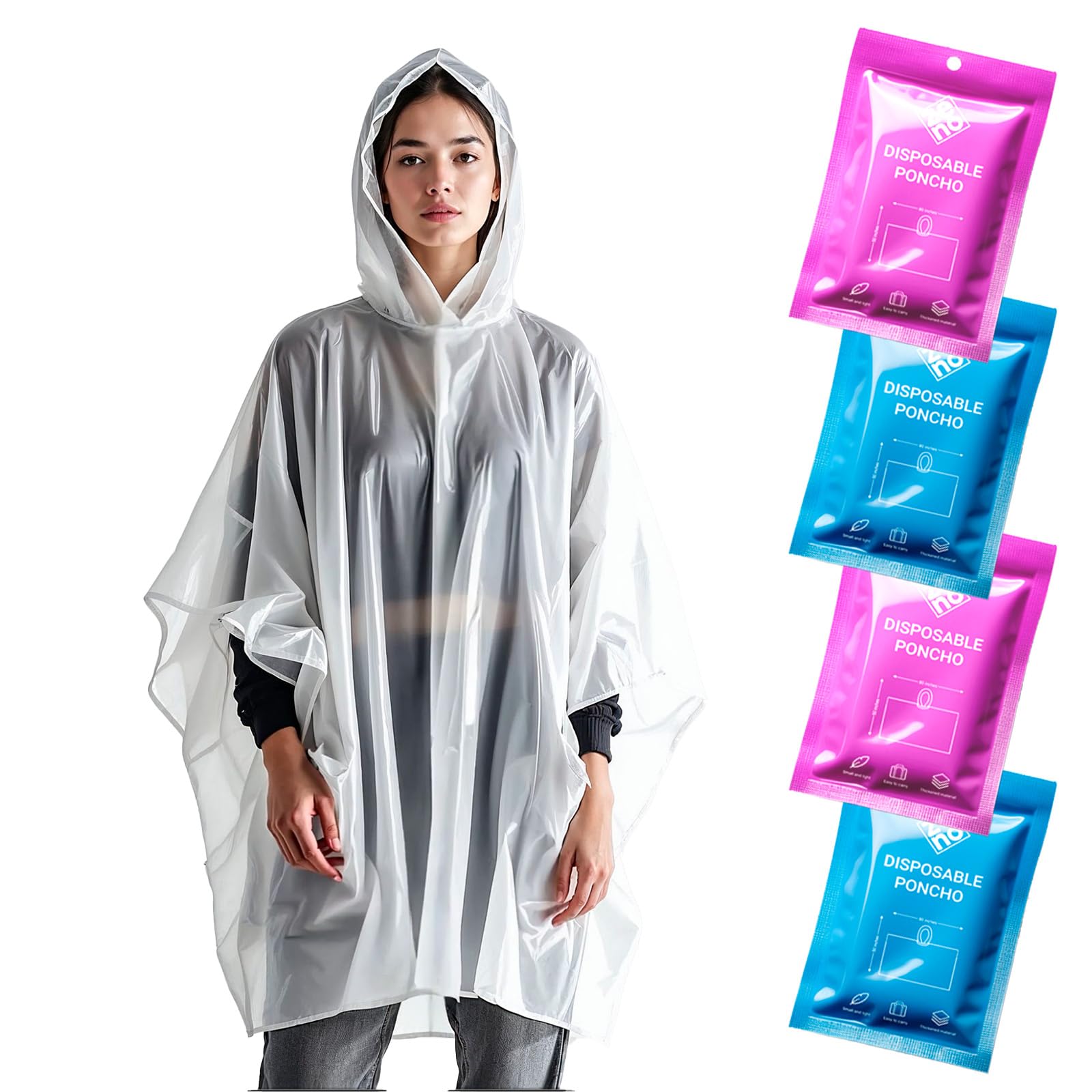 Zeno Women's Blue & Pink Rain Poncho Waterproof Adult - Festival Poncho - Waterproof, Disposable, Clear With Hood - Emergency Rain Coat For Hiking, Cycling, Camping, Concert - Pack Of 4 - Bubble Pop Edition