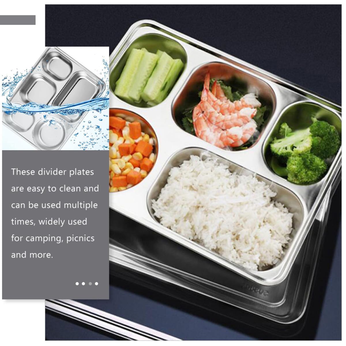 HEALLILY Plateau Facile à Nettoyer Repas Garçon et Filles Inox en Acier Inoxydable Compartiments Divisés Lot de 3 Plateaux Repas Compartimentés pour Restaurants et Hôtels