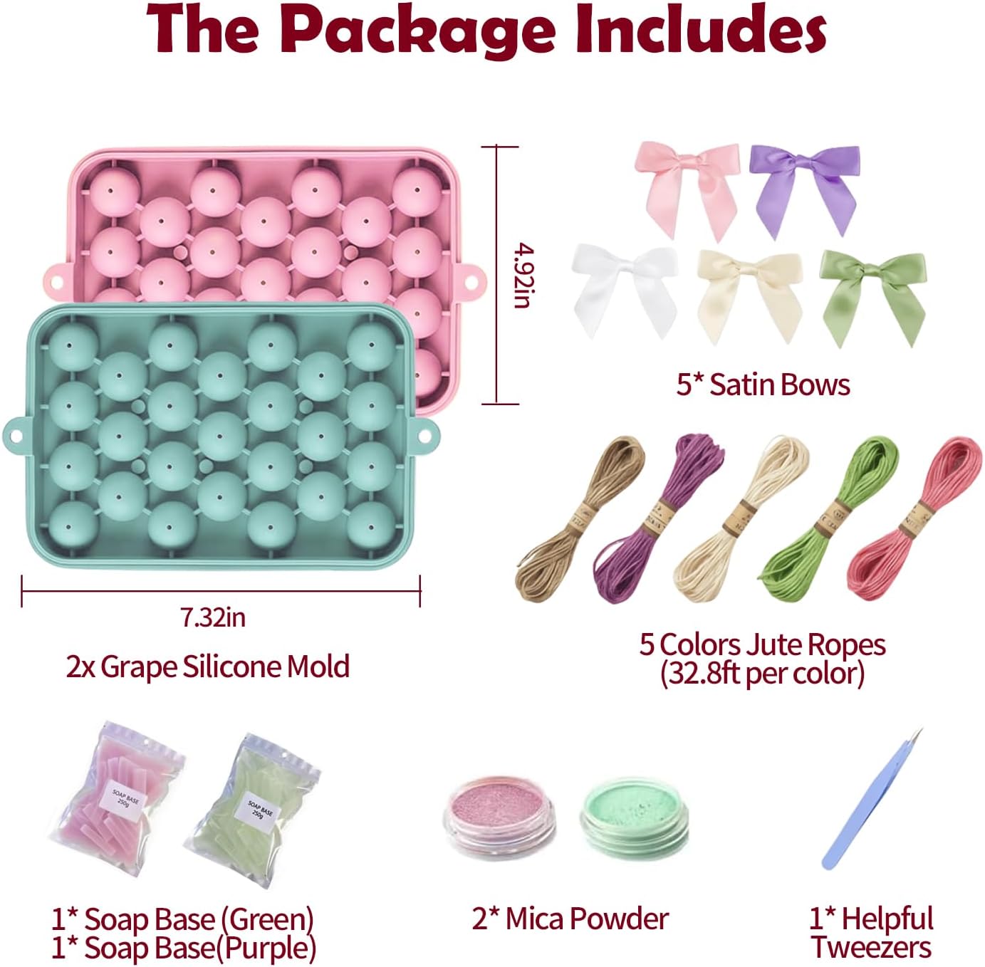 DIY Grape Soap Making Kit for Beginners, Complete Handmade Craft Set with Molds, Mica Powder, Natural Soap Base & Tweezers, Colorful Twine Ropes & Decorative Bows, Home Decor, Gift Ready