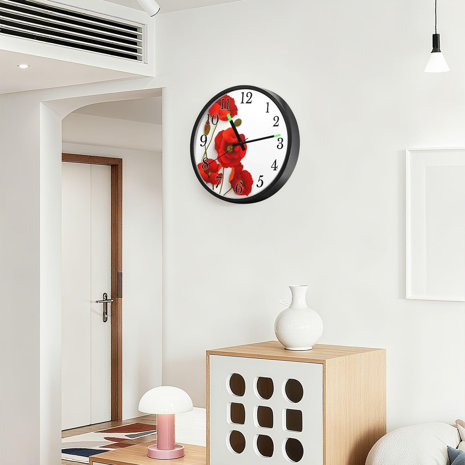 Mnsruu Reloj de pared luminoso con diseño de amapola roja y flores blancas, reloj de pared que brilla en la oscuridad, funciona con pilas, silencioso, sin tictac, luz nocturna para dormitorio