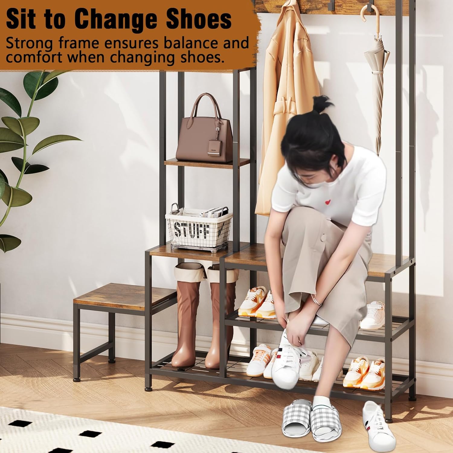 Hall Tree with Shoe Storage Bench Coat Rack with 7 Hooks Interchangeable 4 Tier Side Storage Shelves Small Cute Side Bench Industrial 5-in-1 Entryway Coat Rack for Hallway Mudroom Bedroom