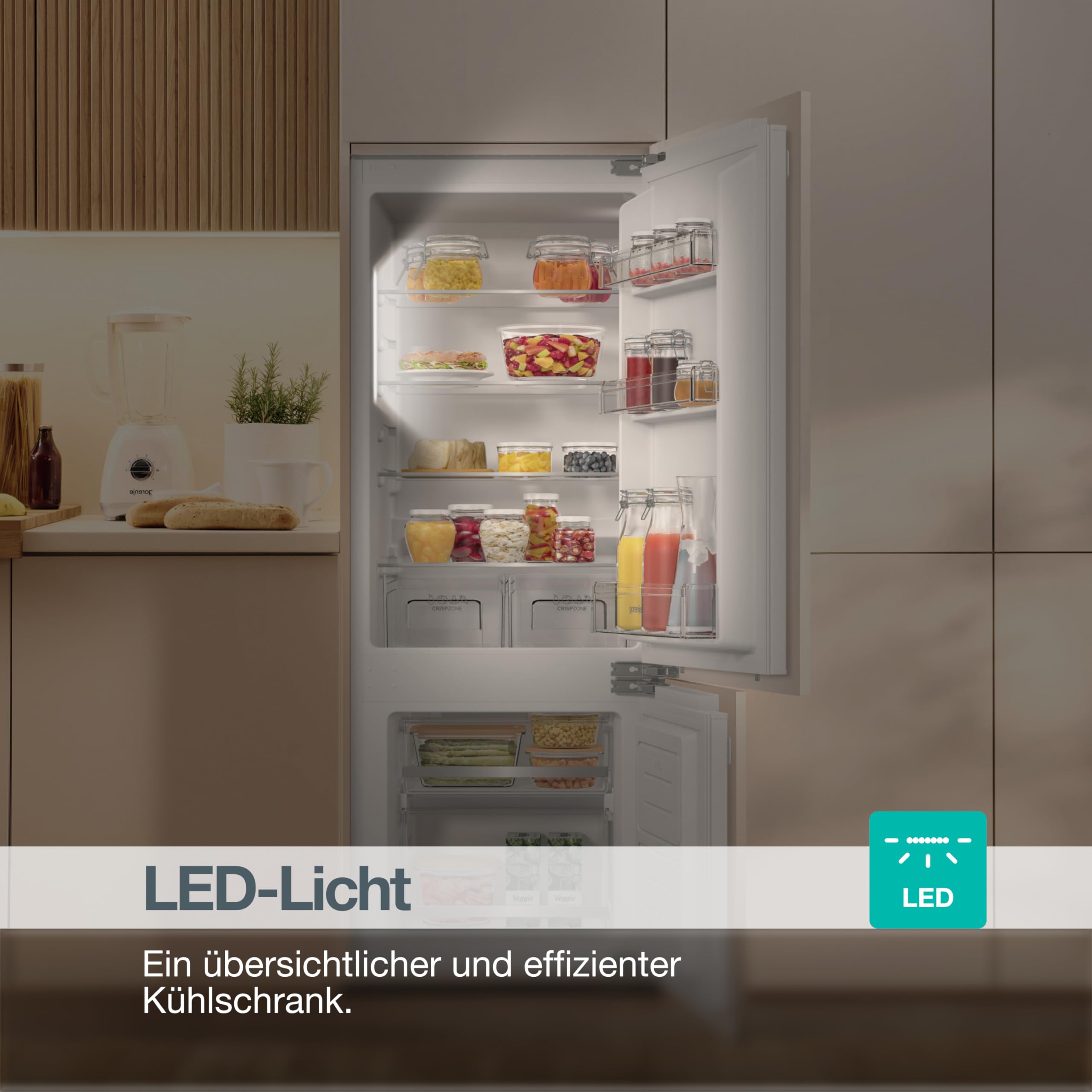 Gorenje RBI512E21 EinbauTischkühlschrank mit Gefrierfach, 122cm Nische, Schlepptürscharnier, 179L(163L plus 16L), Inverter, CrispZone, Türalarm, LED Licht, BxHxT: 54×122,1×54,5 cm, Weiß