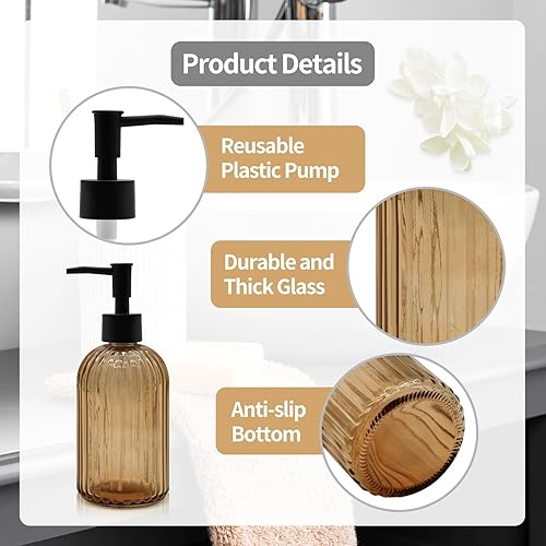 Miniatura 3 de Dispensador de jabón de vidrio ámbar de 14 onzas con bomba negra, recargable para jabón de manos, jabón de platos, loción, adecuado para cocina,
