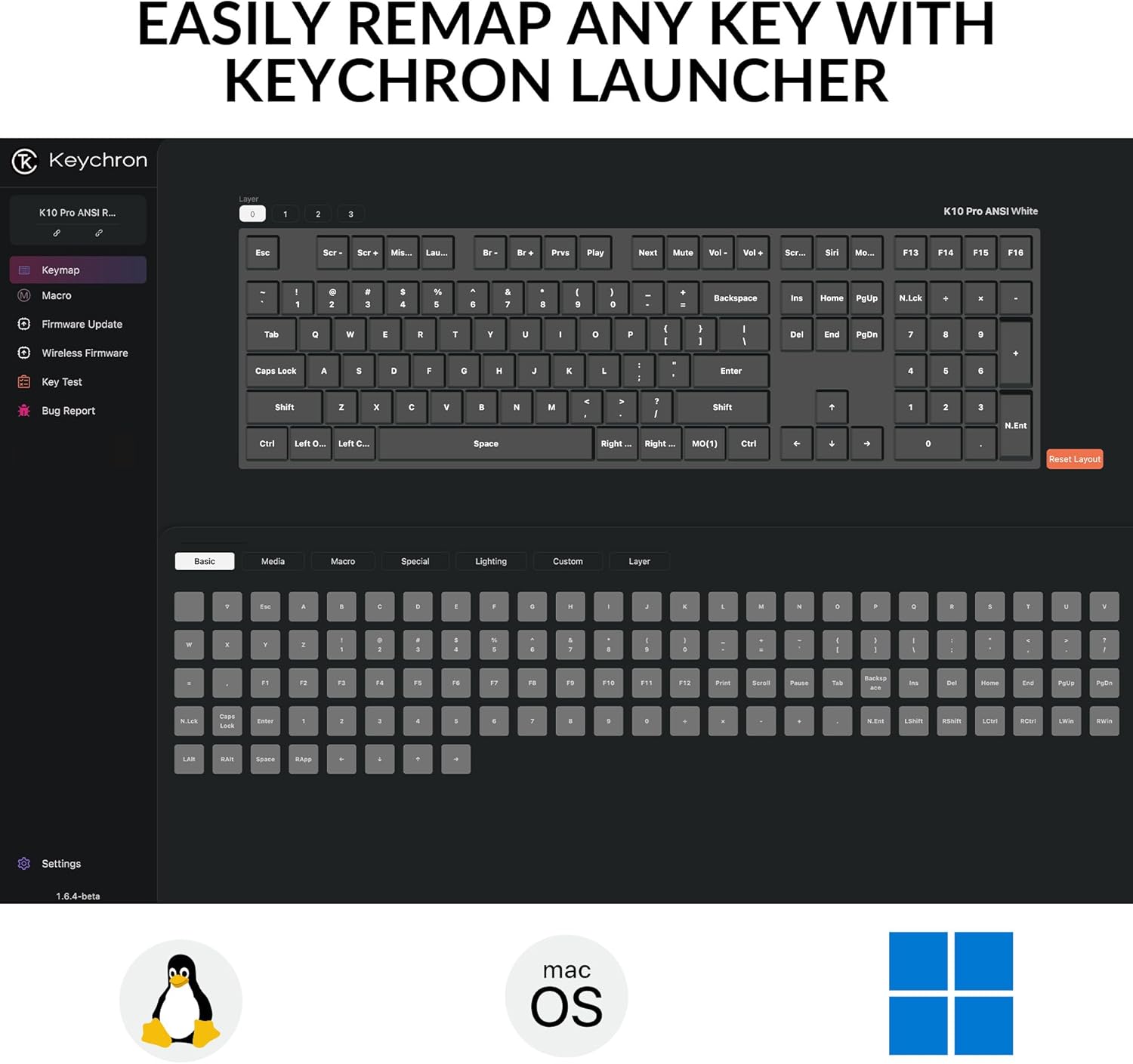 Screenshot of Keychron Launcher software interface showing key remapping options for the K10 Pro keyboard