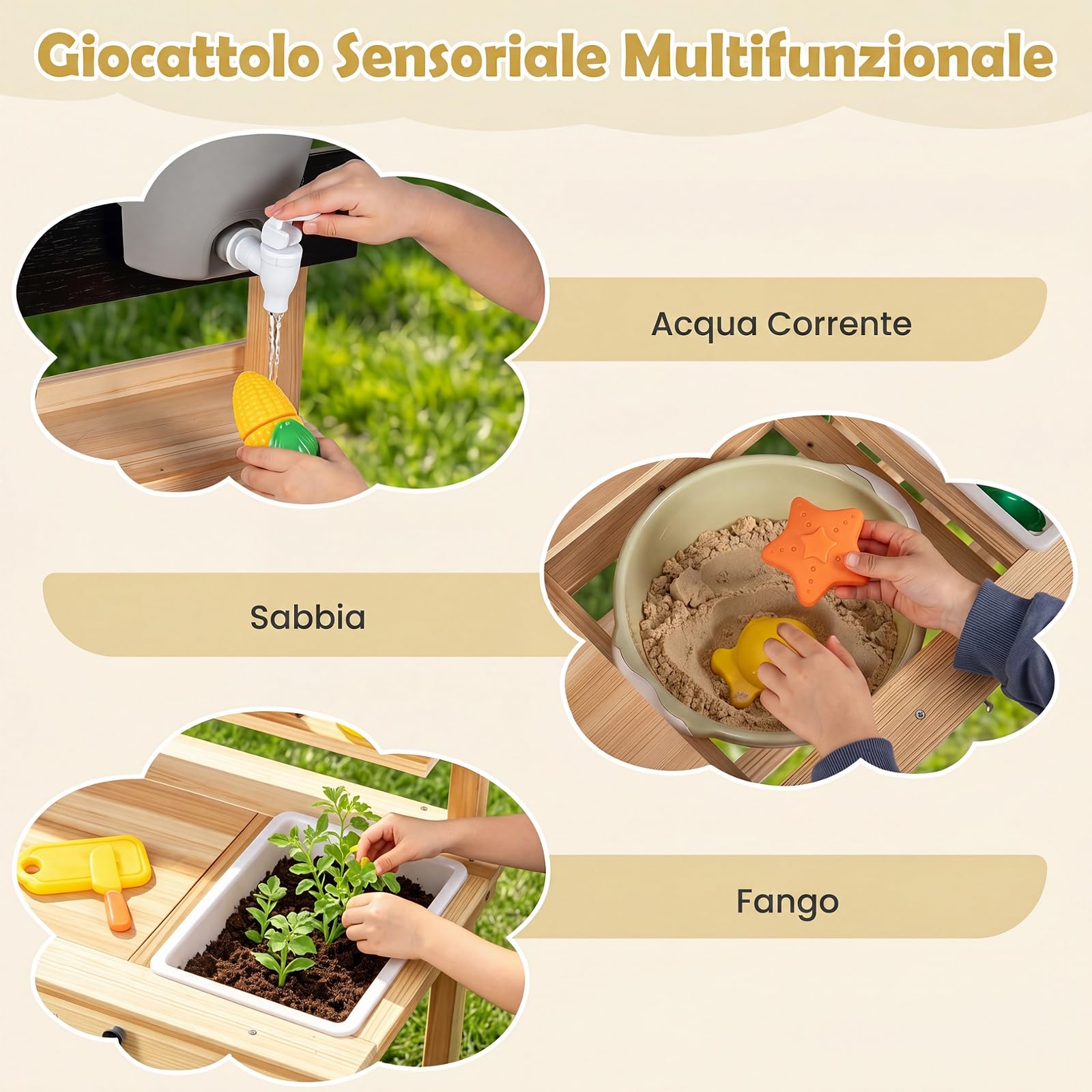 COSTWAY Cucina Giocattolo in Legno Massello per Bambini 3+ Anni, Cucinetta da Esterno per Giocare Sabbia, Acqua, Gioco Montessori con Piano Allungabile, Lavagna, Vari Utensili e Spazio di Stoccaggio
