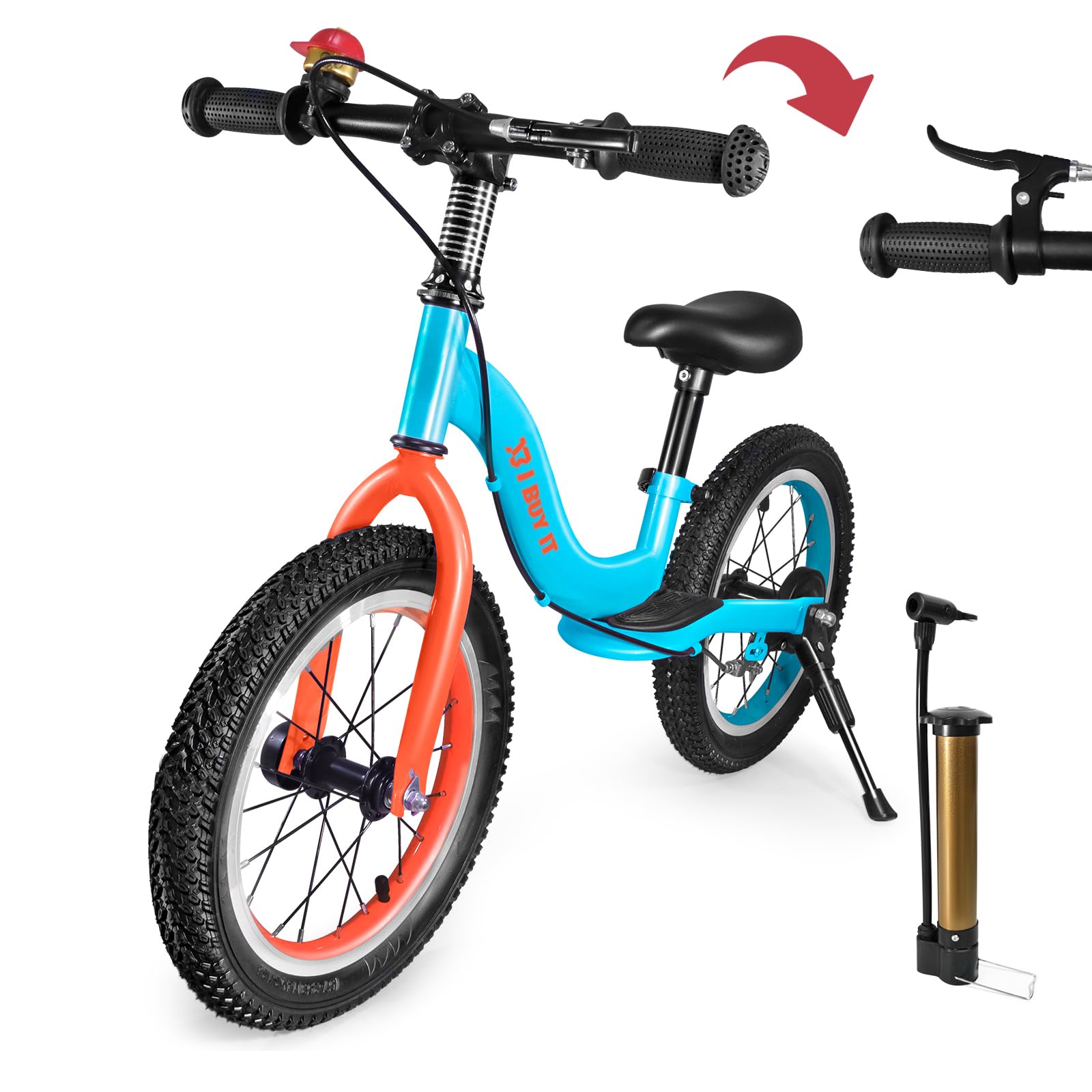 16 Inch Balance Bike for 3 4 5 6 7 Year Old Boys Girls, Adjustable Kids Balance Bike with Brake and Kickstand, No Padel Training Bicycle with Rubber Air Tyres, Footrest (Blue & Orange, 16 inch)