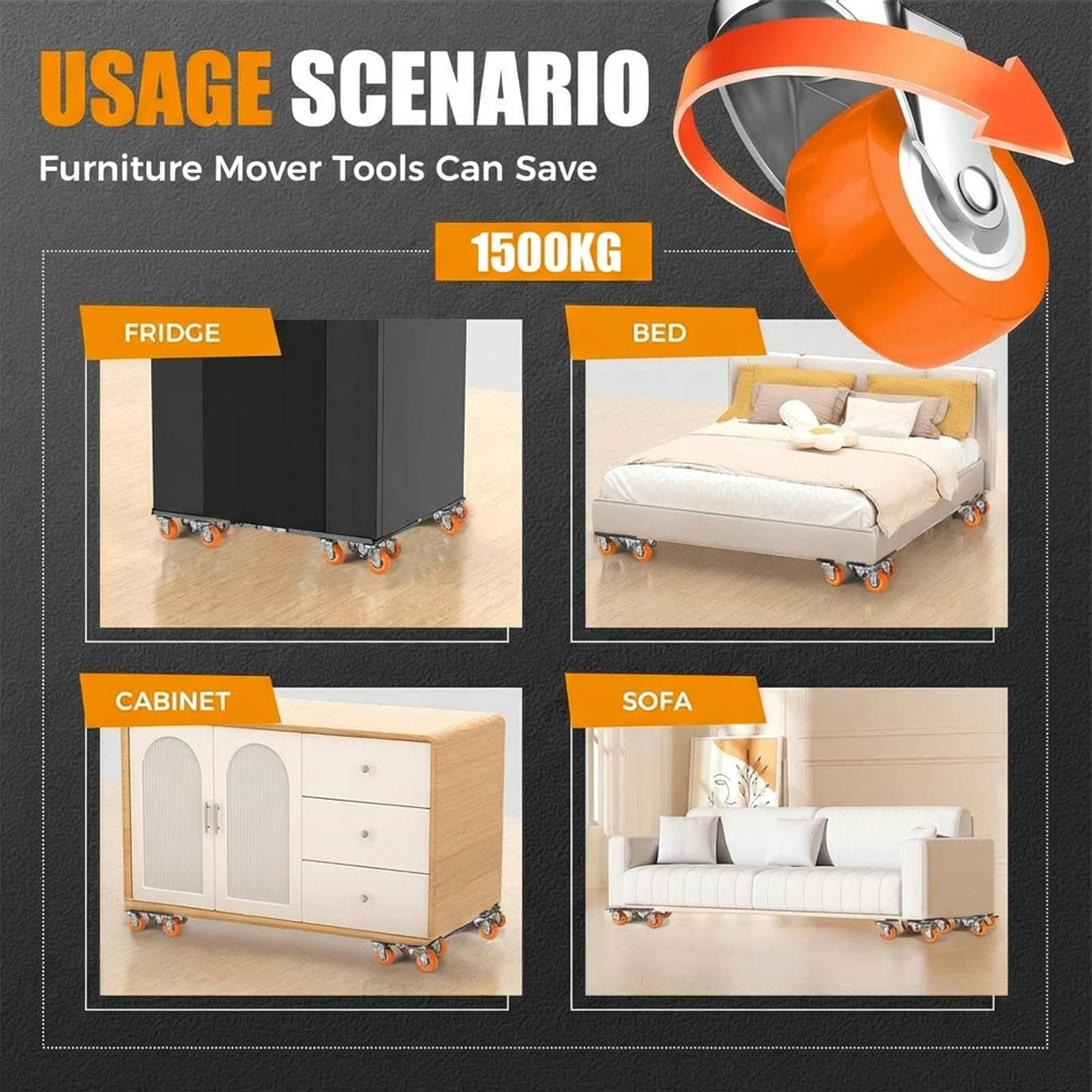 Kit Sollevatore Mobili, Spostare Mobili Pesanti, Kit Spostamento Mobili con Funzione di Parcheggio, Carico 1500 kg, con 5 Ruote Girevoli 360° per Spostamento Facile dei Mobili (Arancione)
