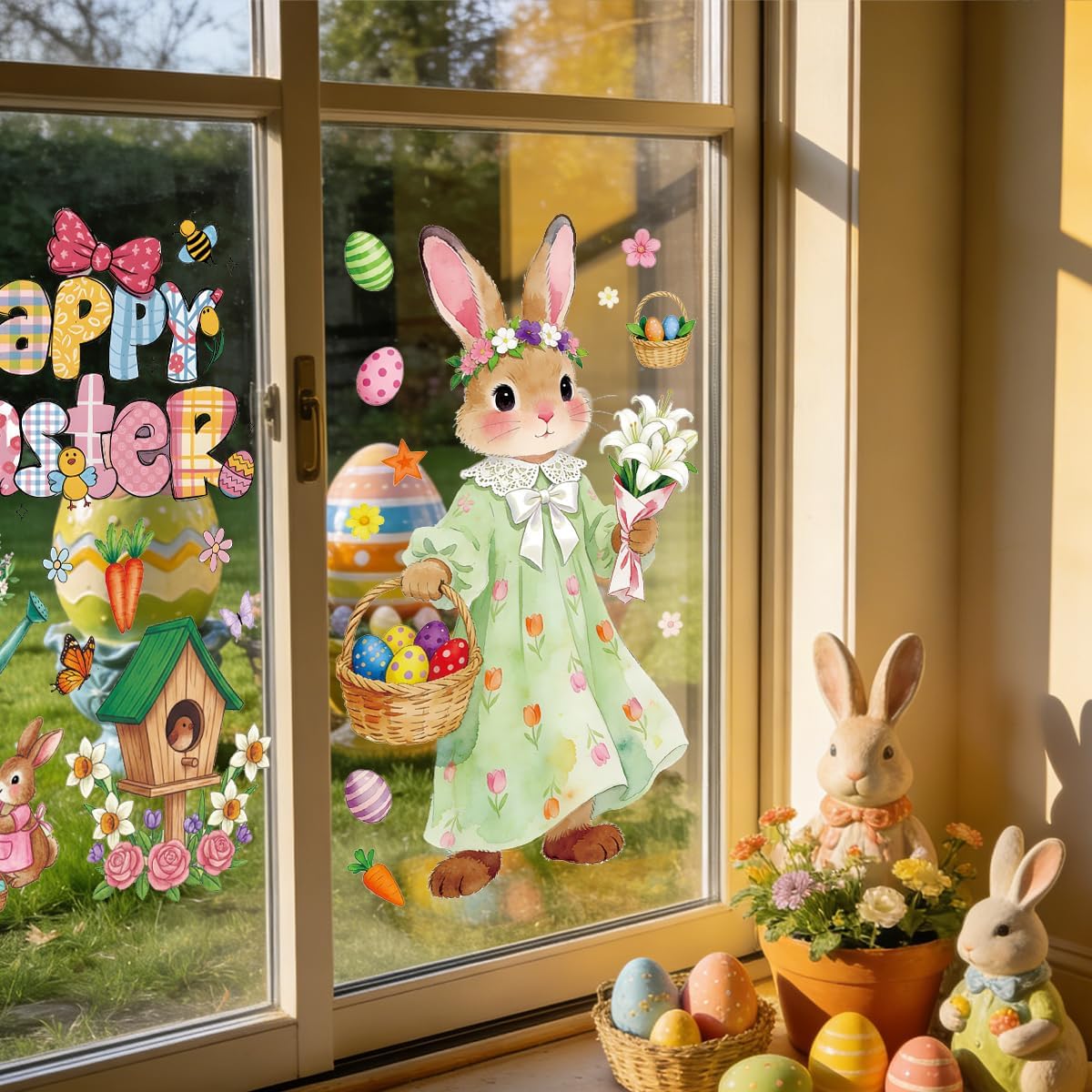 6 Pcs Large Easter Window Clings, Cute Watercolor Bunny Egg Stickers for Glass Windows, Spring Easter Decals for Holiday Home Work Decoration DIY Craft Party Supplies