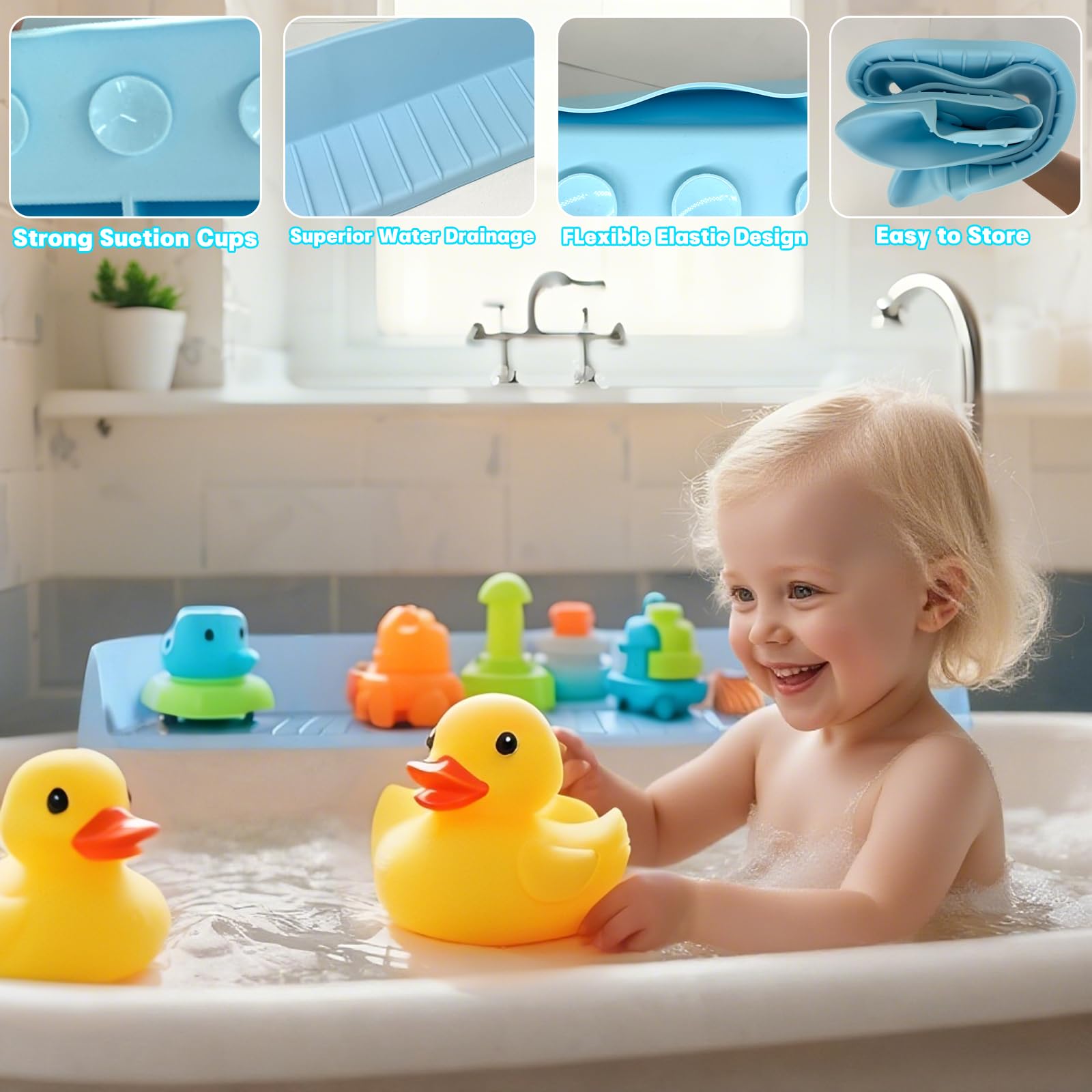 Protector de salpicaduras de silicona extra largo para bañera, color blanco, para evitar derrames de agua, accesorios de bañera para niños (2.6 pies, azul)