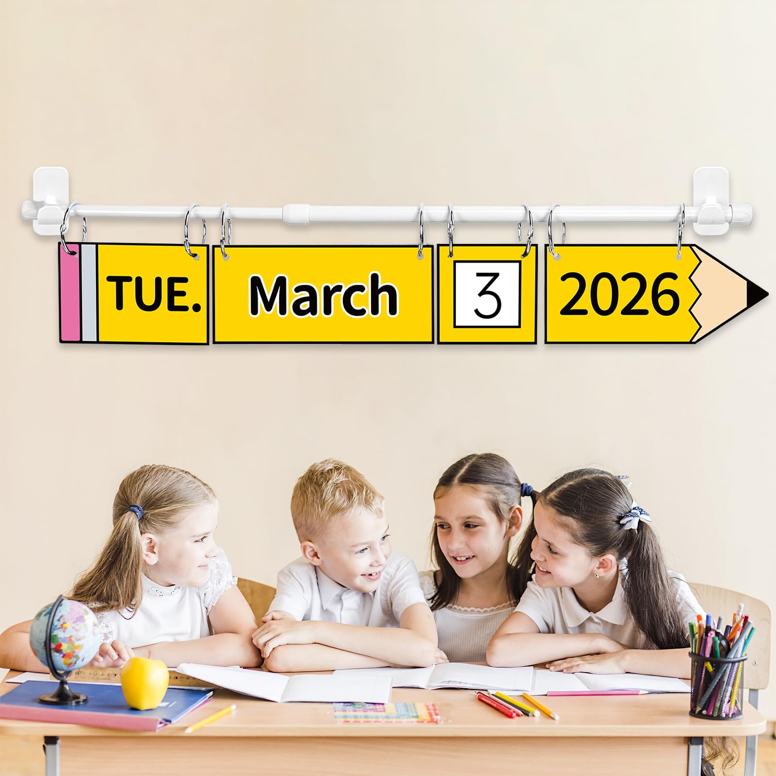 AnyDesign Bleistift-Klappkalender, buntes Pinnwand-Kalender-Set mit 55 Jahres-, Monats-, Wochendatumskarten und verstellbarem Stab, für Schulanfang, Klassenzimmer, Lehrerbedarf