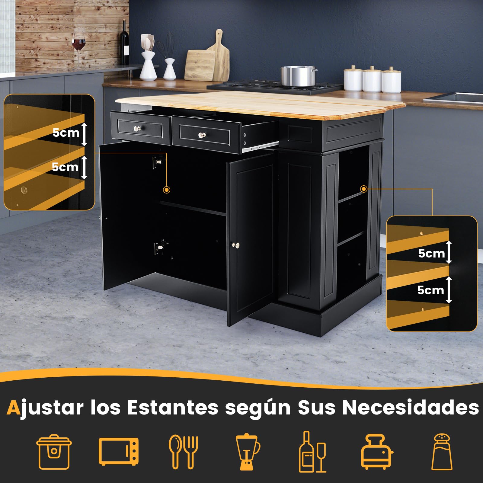 COSTWAY Isla de Cocina con Almacenamiento con Encimera de Madera, Cajones, Estantes Laterales y 2 Puertas, Carrito de Cocina con Estantes Ajustables de 3 Niveles (Negro)