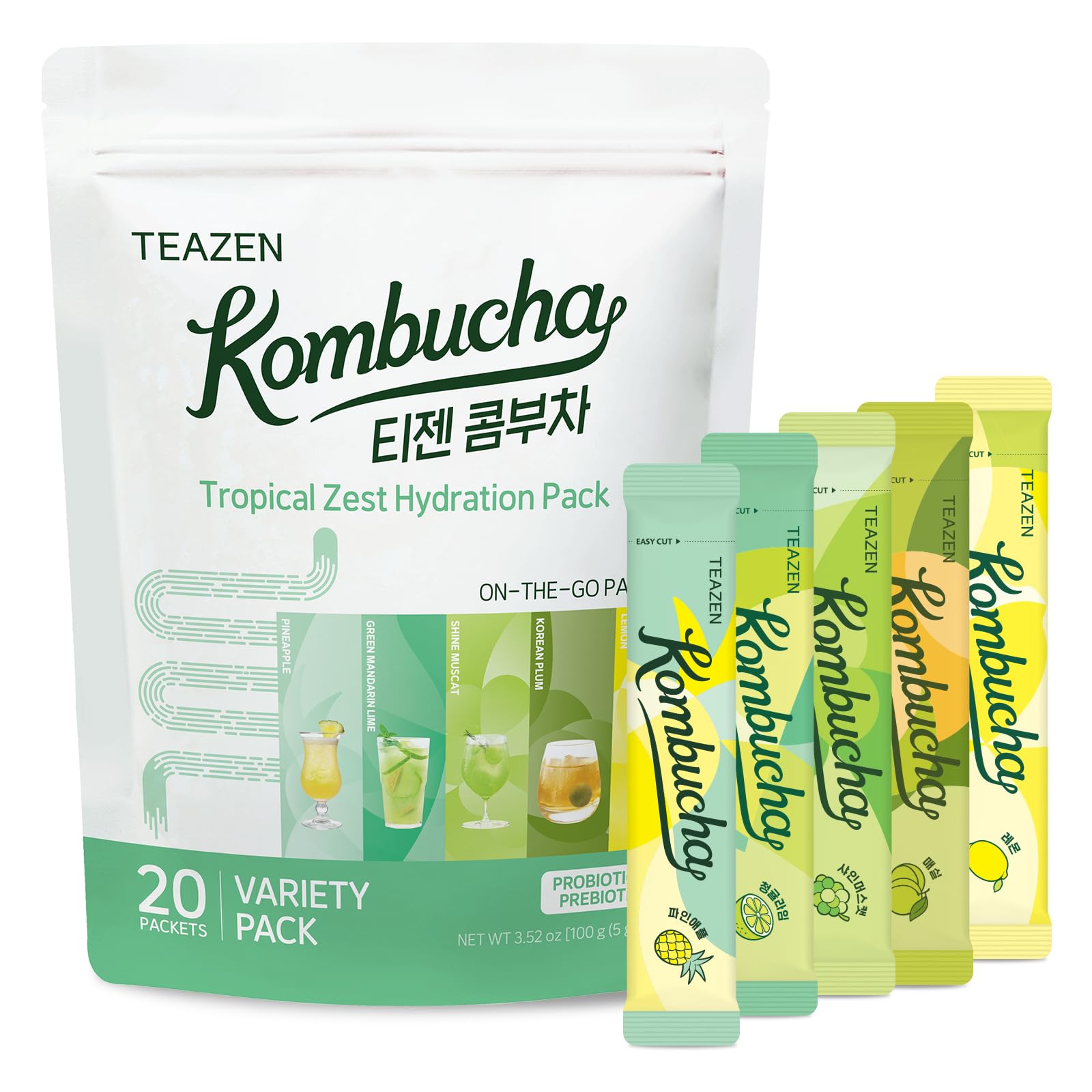 TEAZEN Kombucha Tea Tropical Zest Hydration Variety Pack - 20 Sticks, 5 Flavor (Lemon, Pineapple, Korean Plum, Shine Muscat, Green Mandarin-Lime)