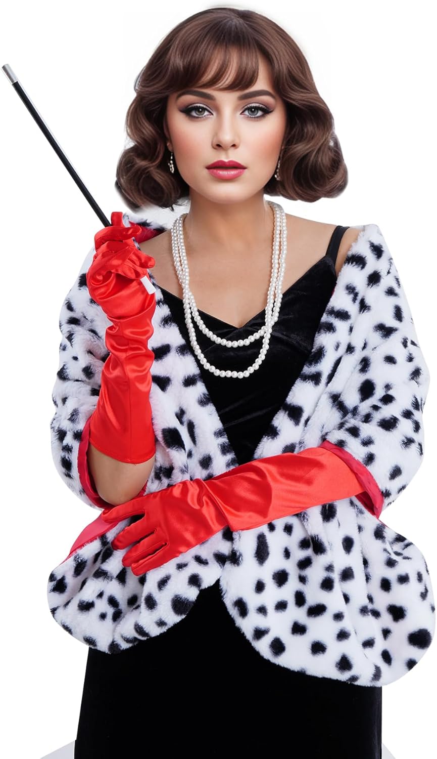 4 Pack Women Halloween Dalmatian Costume, Black White Dalmatian Shawl Scarf Stole, 1920s Red Glove, Faux Pearls Necklace for Adult - Image 6