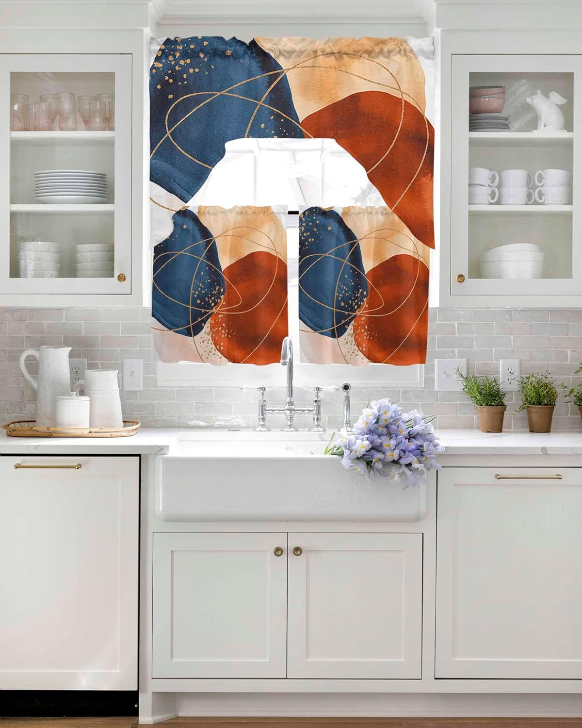 Modern Boho Swag Curtains Valance Tier Set, Rod Pocket Curtain Drapes for Bedroom Bathroom Over Sink Kitchen Curtains 3 Piece Set Red Orange Blue Geometric Abstract Art Swag Valances 24 inches Tiers