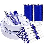 WELLIFE 210 Piece Blue Disposable Dinnerware Set,Plastic Plates for Party, Include: 30 Dinner Plates, 30 Dessert Plates, 30 Pre Rolled Napkins with Gold Silverware and 30 Gold Cups