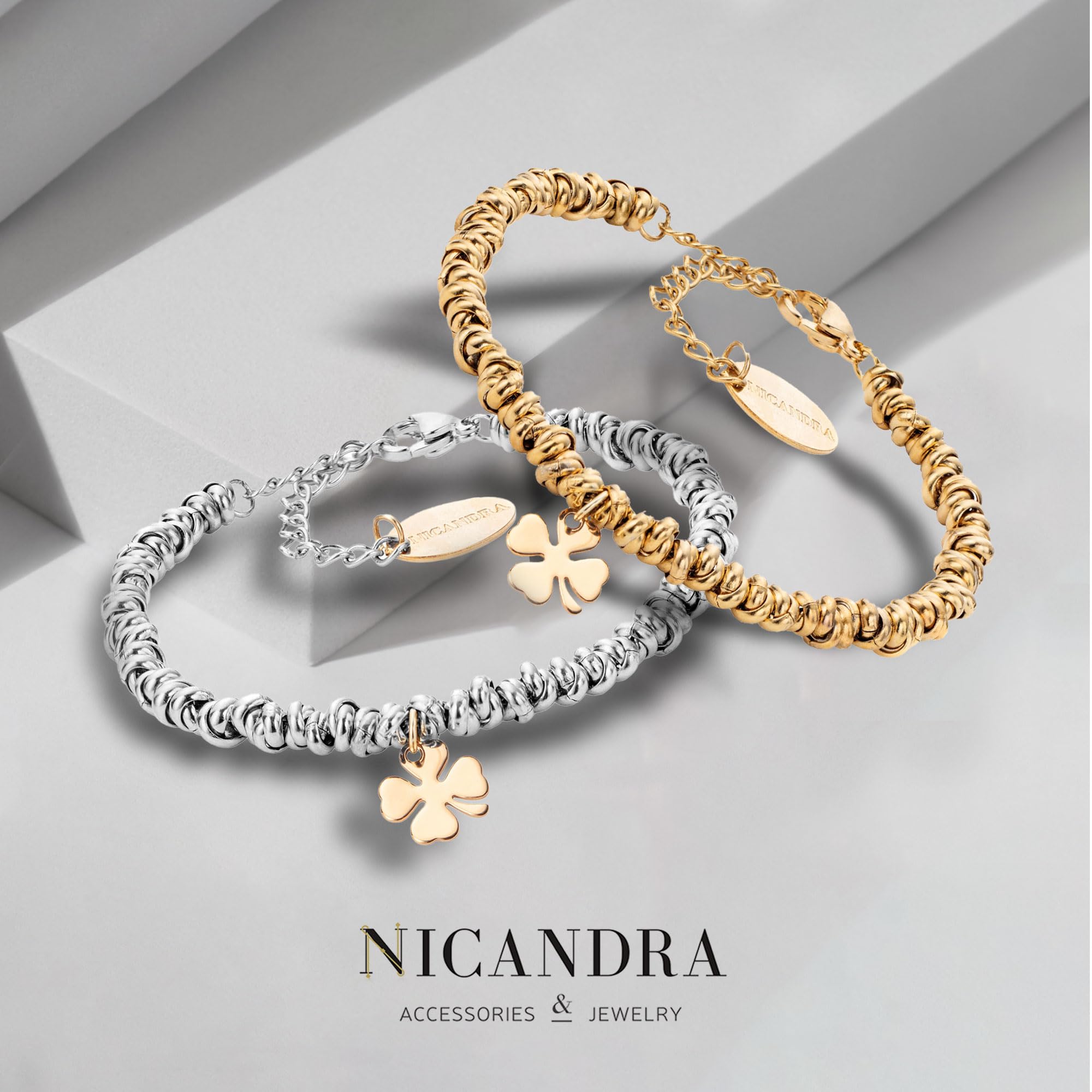 Bracciale Donna con Nodini - Gioiello con Ciondoli Cuore Quadrifoglio o Cornetto in Acciaio Inossidabile - Portafortuna Realizzato a Mano con Catenina Regolabile da 16 a 21 cm - Made in Italy