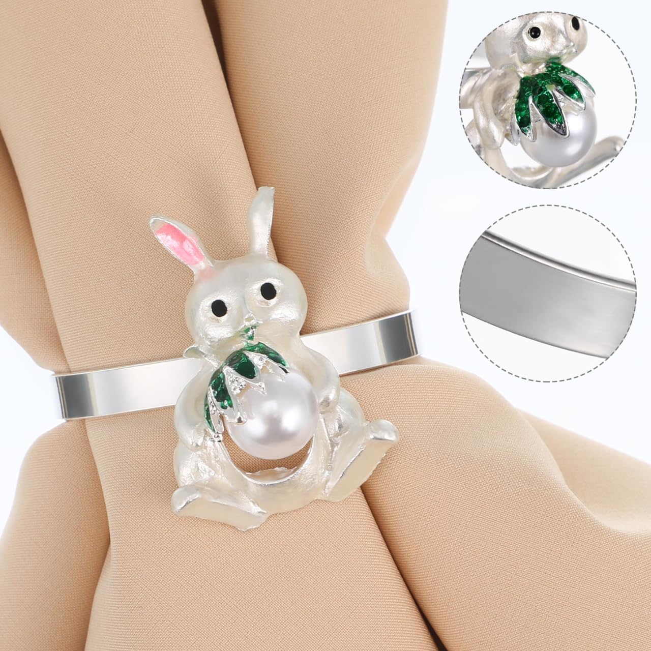 Tofficu Delicate Easter Bunny Napkin Rings Set of 6 Alloy and Pearl Napkin Buckles Decorative Serviette Supplies for Family Gatherings Parties Banquets Table Setting