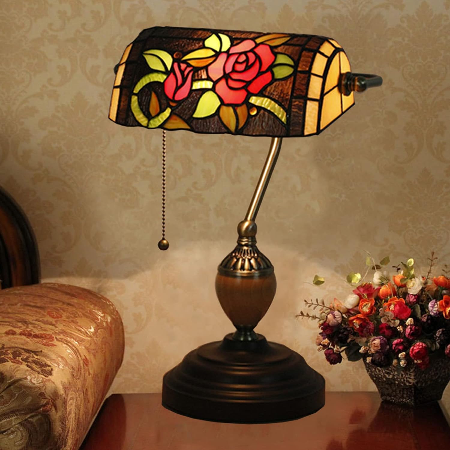 Lampa bankierska w stylu vintage Lampa stołowa w stylu Tiffany'ego Lampa na biurko z fortepianem Antyczna podstawa ze stopu Lampka nocna do sypialni Salon Witraż, złoty (czerwona róża)