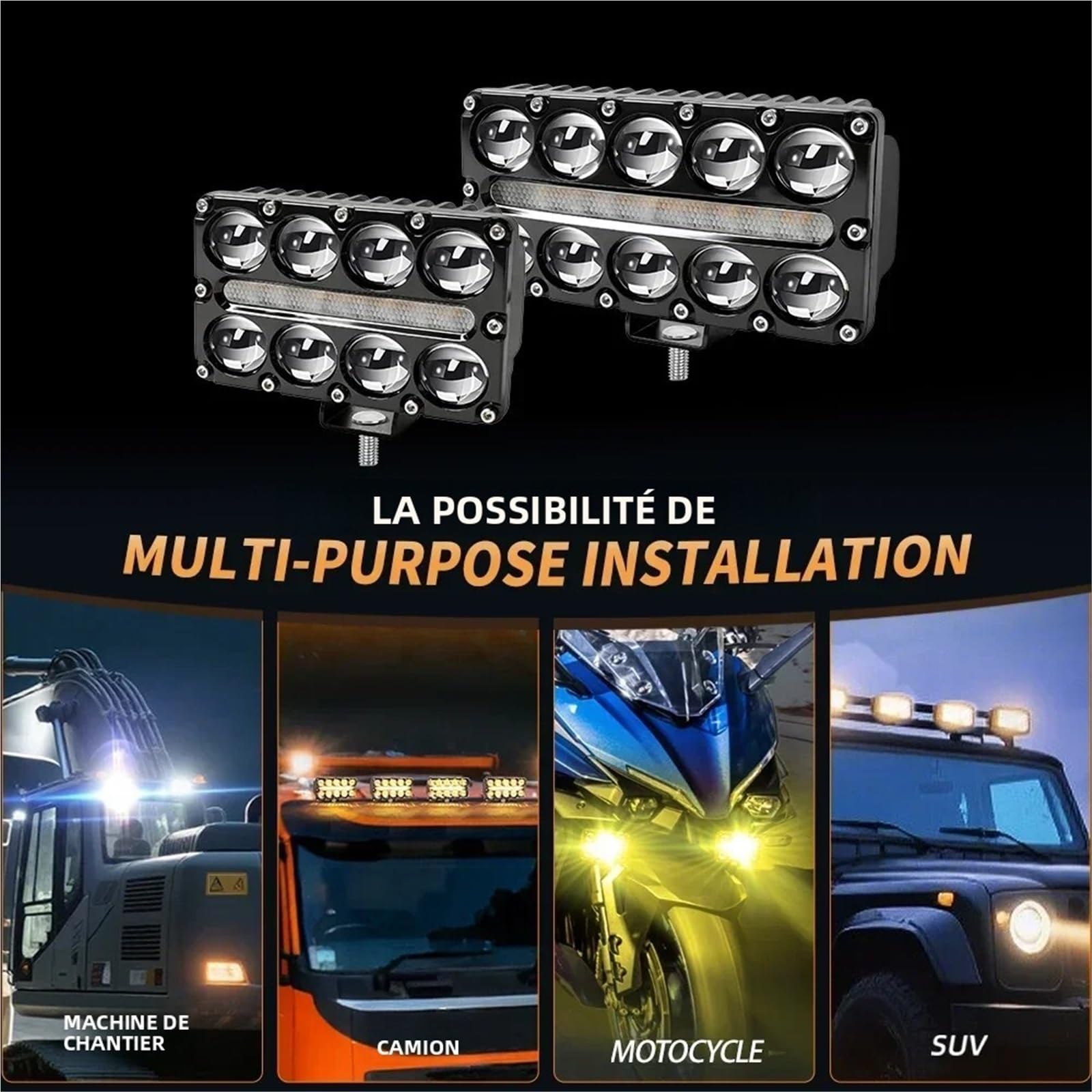 Światła drogowe Robocze Światło Przeciwmgielne LED 8 10 Len | Pomocniczy Projektor Reflektorów Stroboskop Migający 3000k Bursztynowy DRL 12V 24V(2pcs 8 Lens)