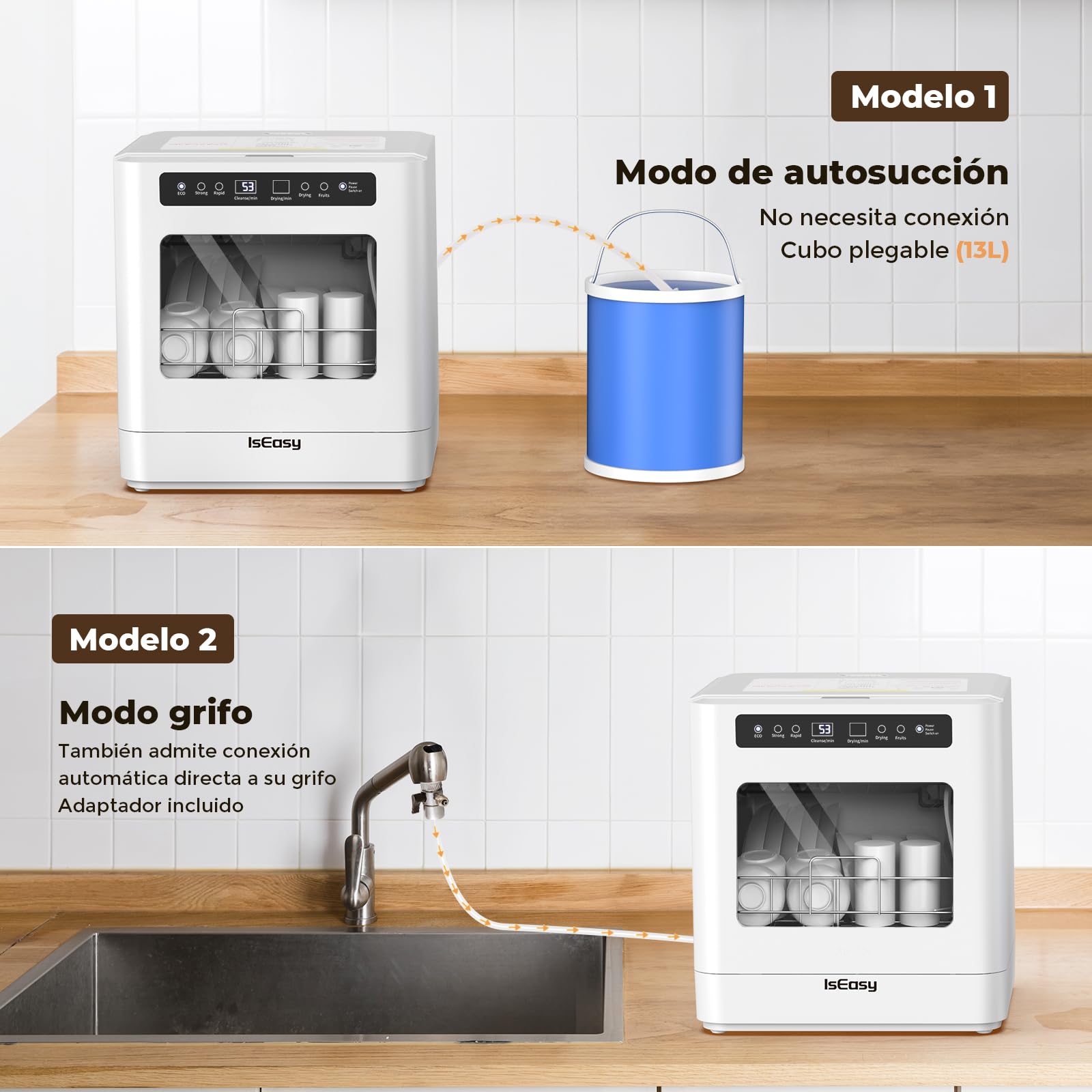 IsEasy Lavavajillas de encimera Mini lavavajillas 43CM con 5 Programas,Pantalla LED,lavado de Fruta,Dos modos de suministro de agua Ideal para cocinas domésticas, apartamentos y campings