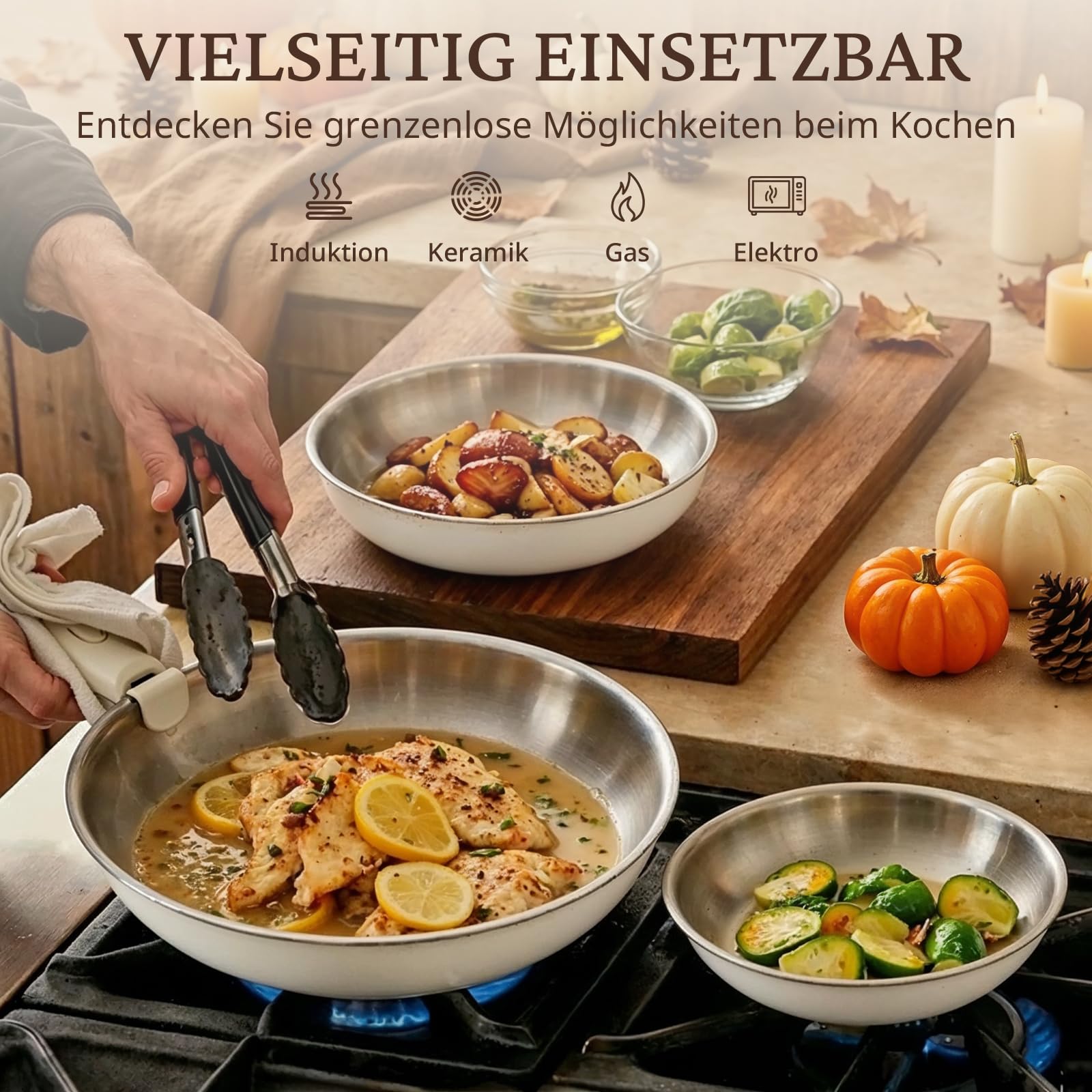 KOKHUB Pfannenset mit abnehmbarem Griff 7-Teilig, Edelstahl Pfanne | 20/26/30 cm, 3-Schicht-Material Bratpfannen Induktion unbeschichtet, Platzsparend, PFOA- & PFAS-frei, Backofenfest, Beige
