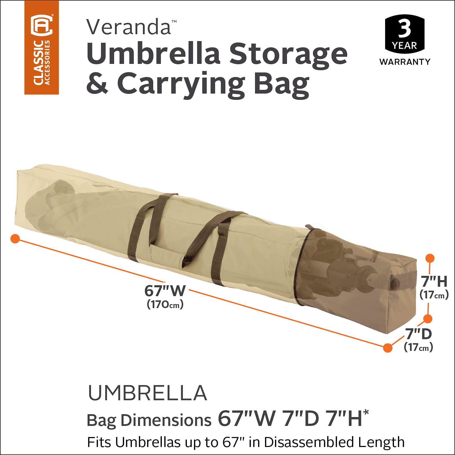 Classic Accessories Veranda Water-Resistant 67 Inch Oversized Patio Umbrella Storage and Carrying Bag, Outdoor Umbrella Cover : Patio, Lawn & Garden