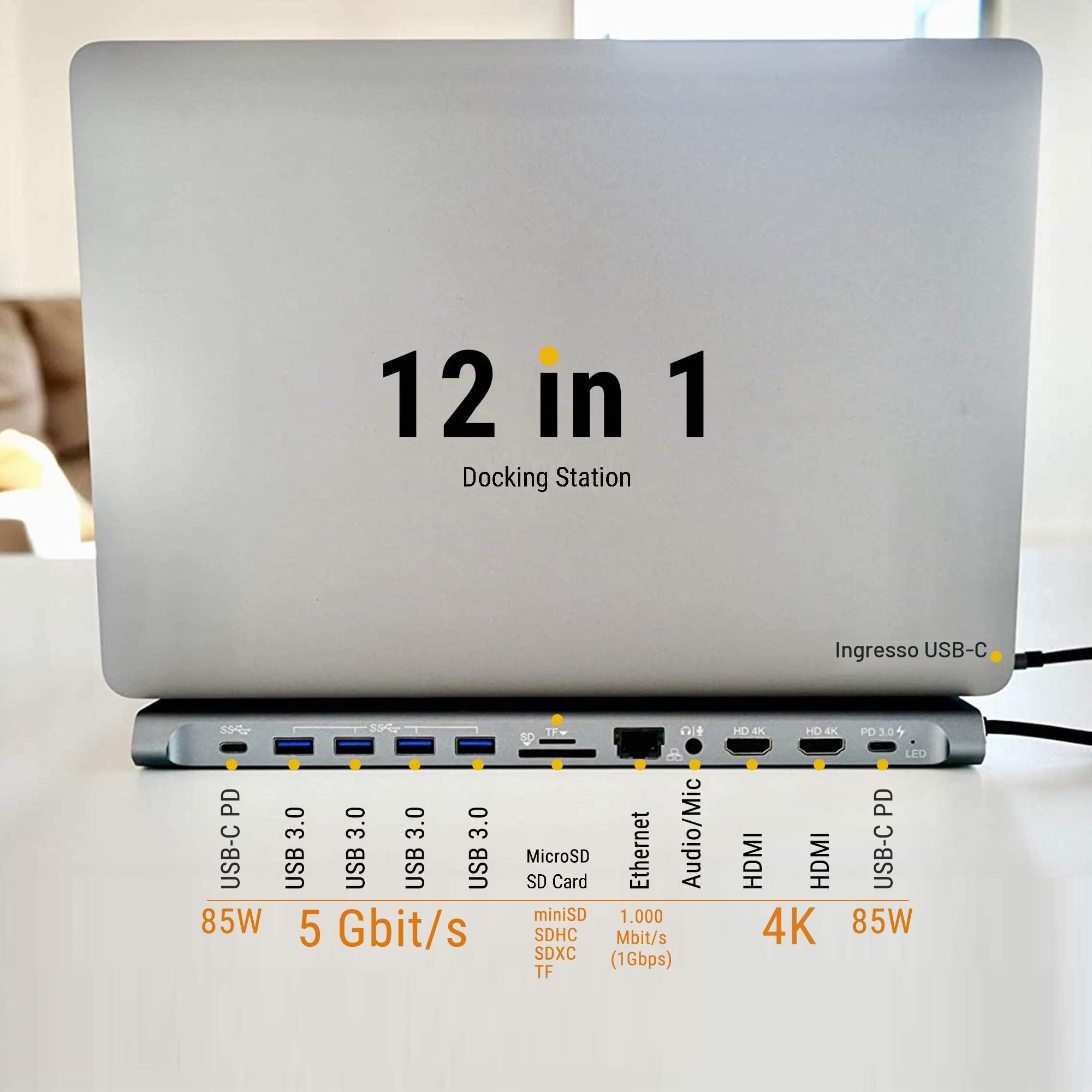 XtremeMac Premium Docking Station Adattatore 12-in-1 USB C, stazione deTipo C per MacBook e Laptop: Ethernet, 4x USB 3.0, 2x USB-C PD, 2x 4K HDMI, Micro Audio, SD / TF Card Reader