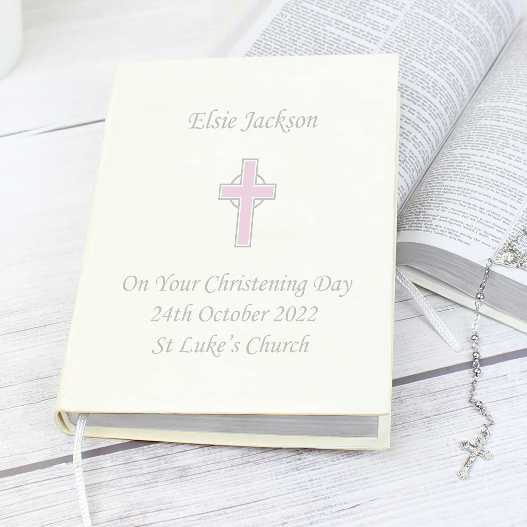 Personalised Holy Bible Gift. King James Version. Baby Girls Christening Gifts. First Holy Communion Confirmation Baptism & Religious Gifts - Pink Cross Design