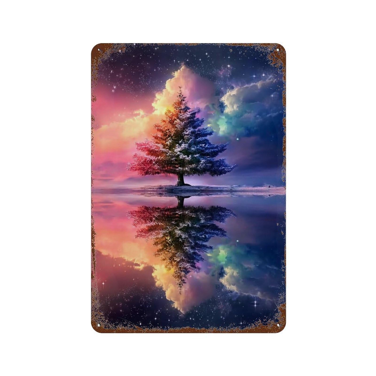 Vintage Rust Metal Sign Colorful Tree Reflection Wallpaper 11.8"x7.9", Industrial Home Decor for Farmhouse, Kitchen And Entryway Decor