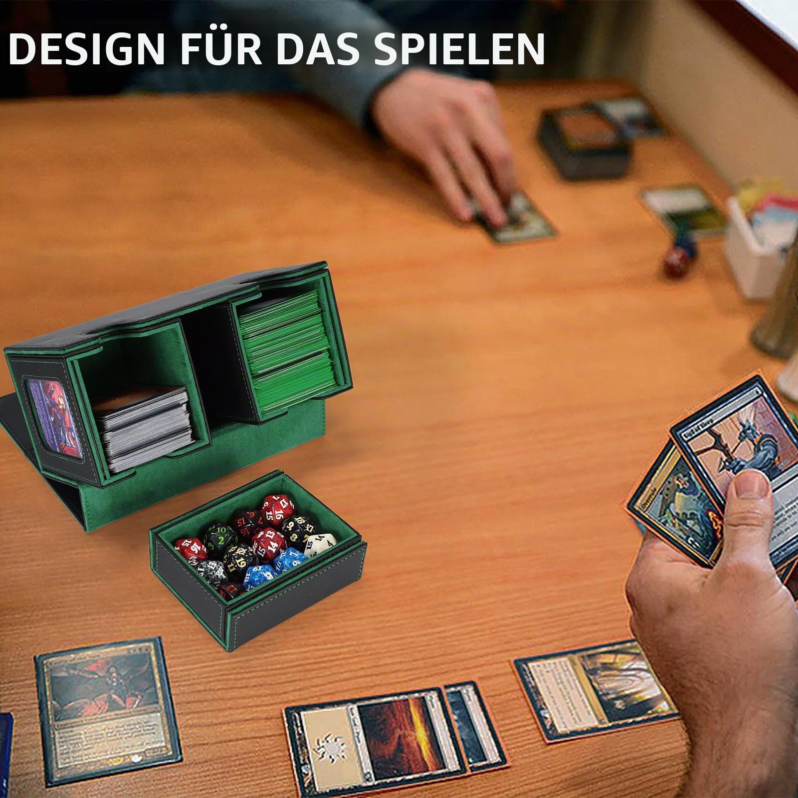 AFIING MTG Commander Kartenbox, 3-in-1 Karten-Aufbewahrungsbox für 200+ doppelt gesleevte Karten, Magnetische Deckbox mit Commander-Fenster, Würfelbox & 4 Trennwänden, für Magic TCG CCG Schwarzgrün