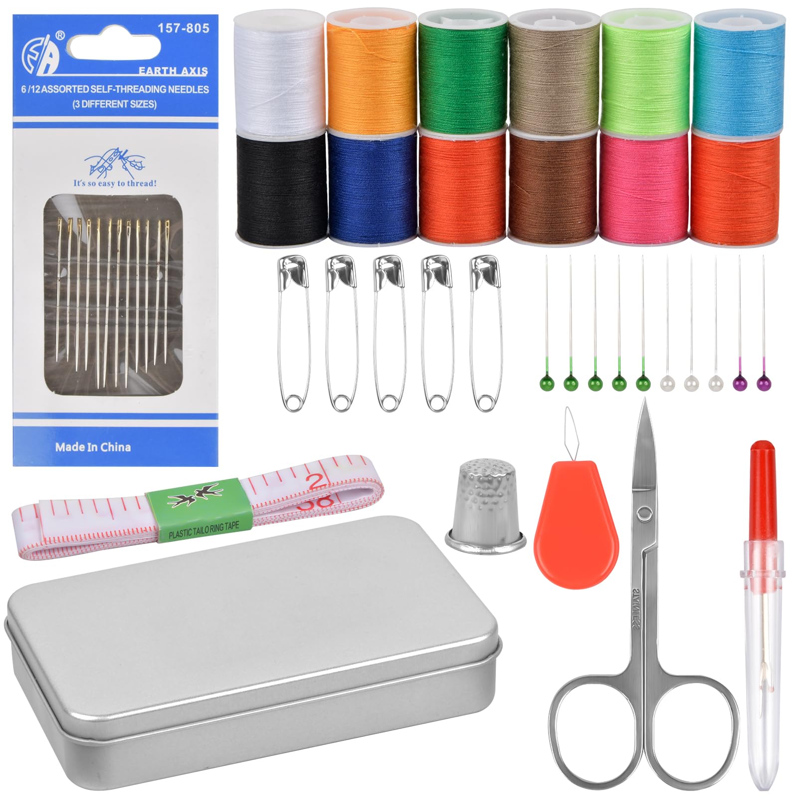 Sewing Kit 45 Piece Sewing Machine Kit Premium Sewing Supplies 12 Thread Spools Mini Sewing Kits with Needles, Scissors, Thimble, Thread,Tape Measure etc for Home,Travel Basic Sewing Kit for Adults