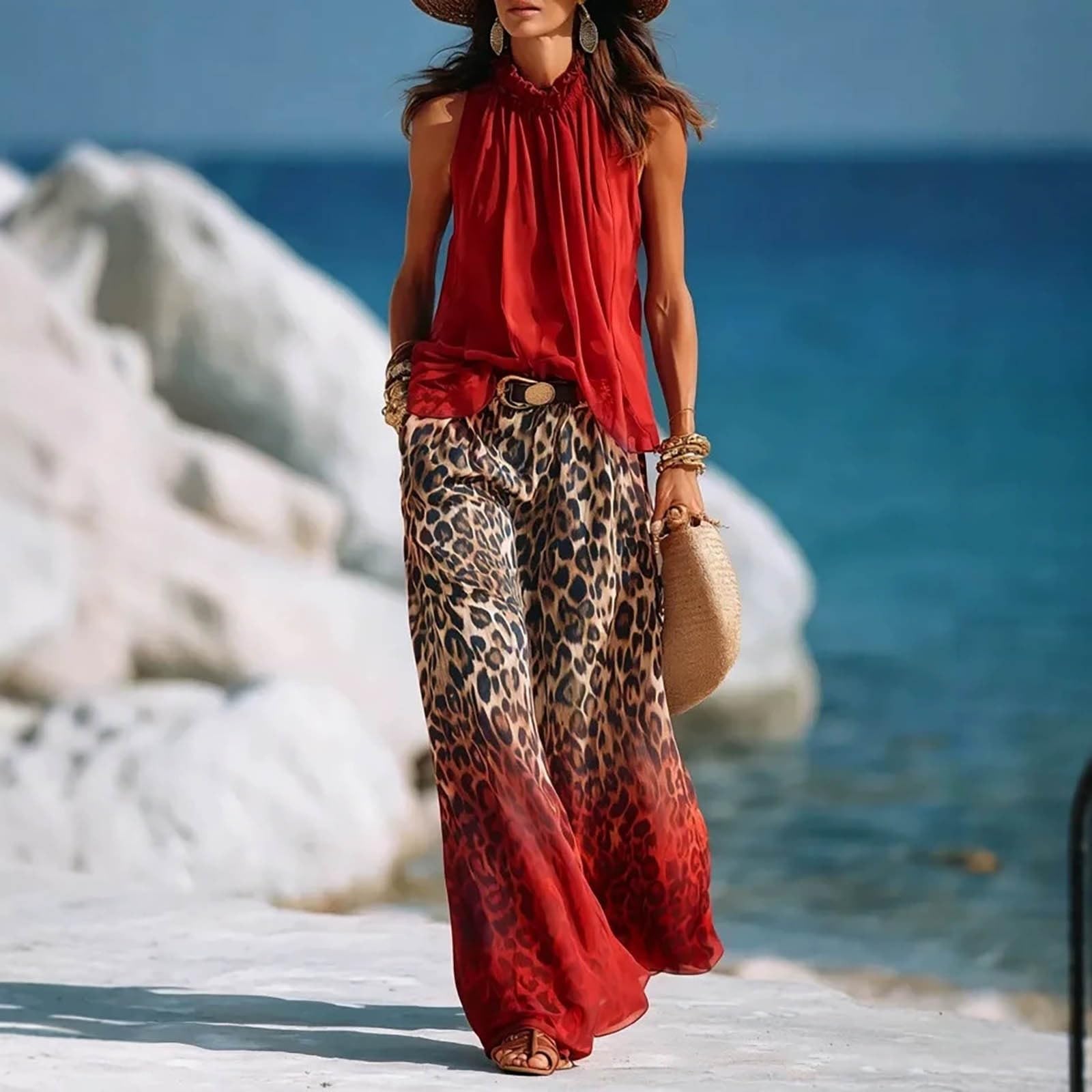 Elegante senza maniche con scollo a V in velluto con sfumatura leopardata e gamba larga per