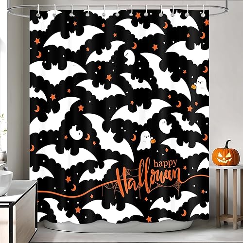 Cortina de ducha de Halloween, diseño de murciélago blanco y negro, cortina de ducha para baño, estrella naranja, luna, decoración de vacaciones,