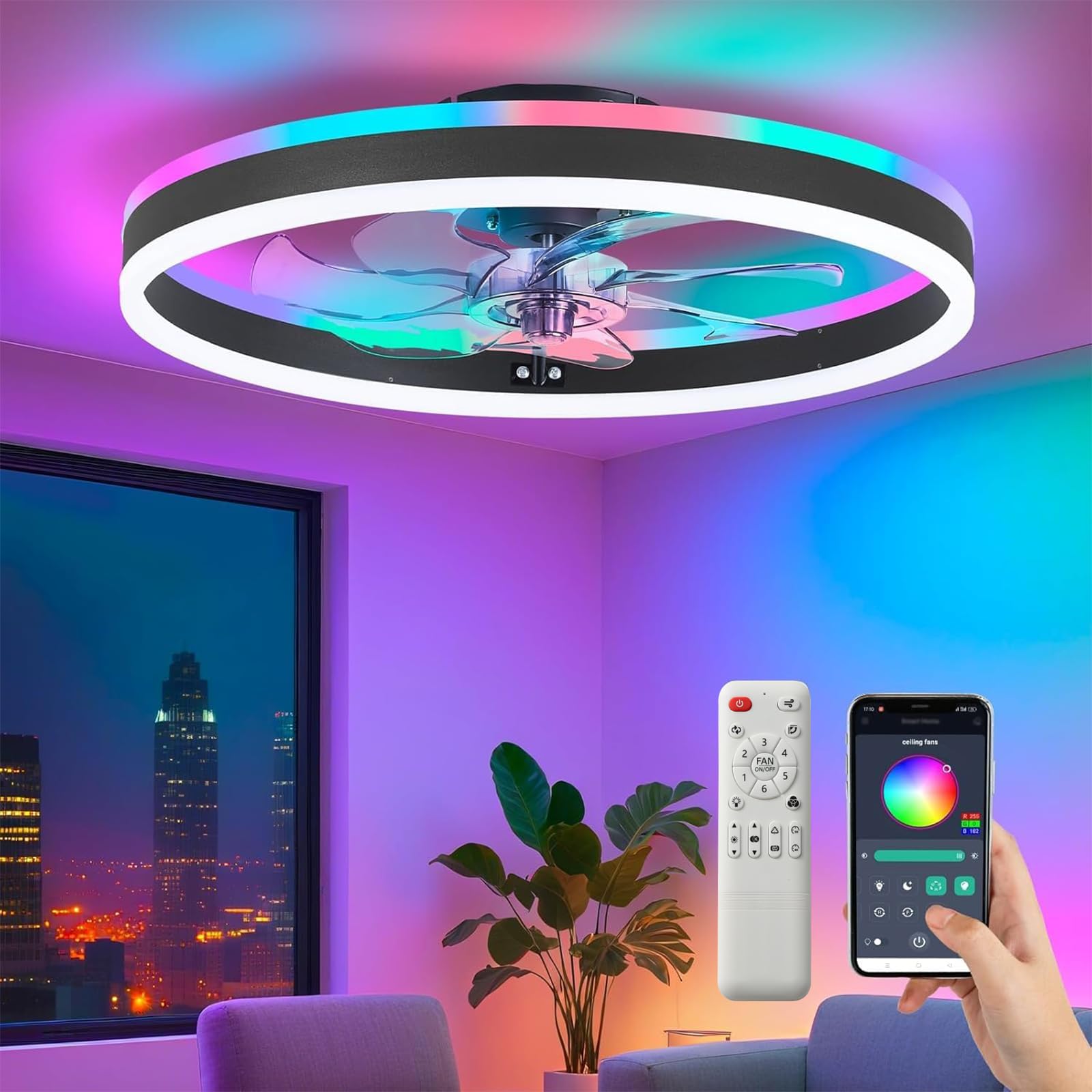 Moderne RGB Deckenventilator mit Beleuchtung φ50cm RGB LED Fan Licht mit Fernbedienung Timer 6 Geschwindigkeiten Stufenloses Dimmen Deckenventilator mit Lampe