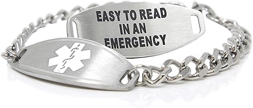 Miniatura 6 de Pulsera de Alerta Médica de Acero Inoxidable con Grabado Personalizado Gratuito y Tarjeta de Identificación, Cadena Barbada