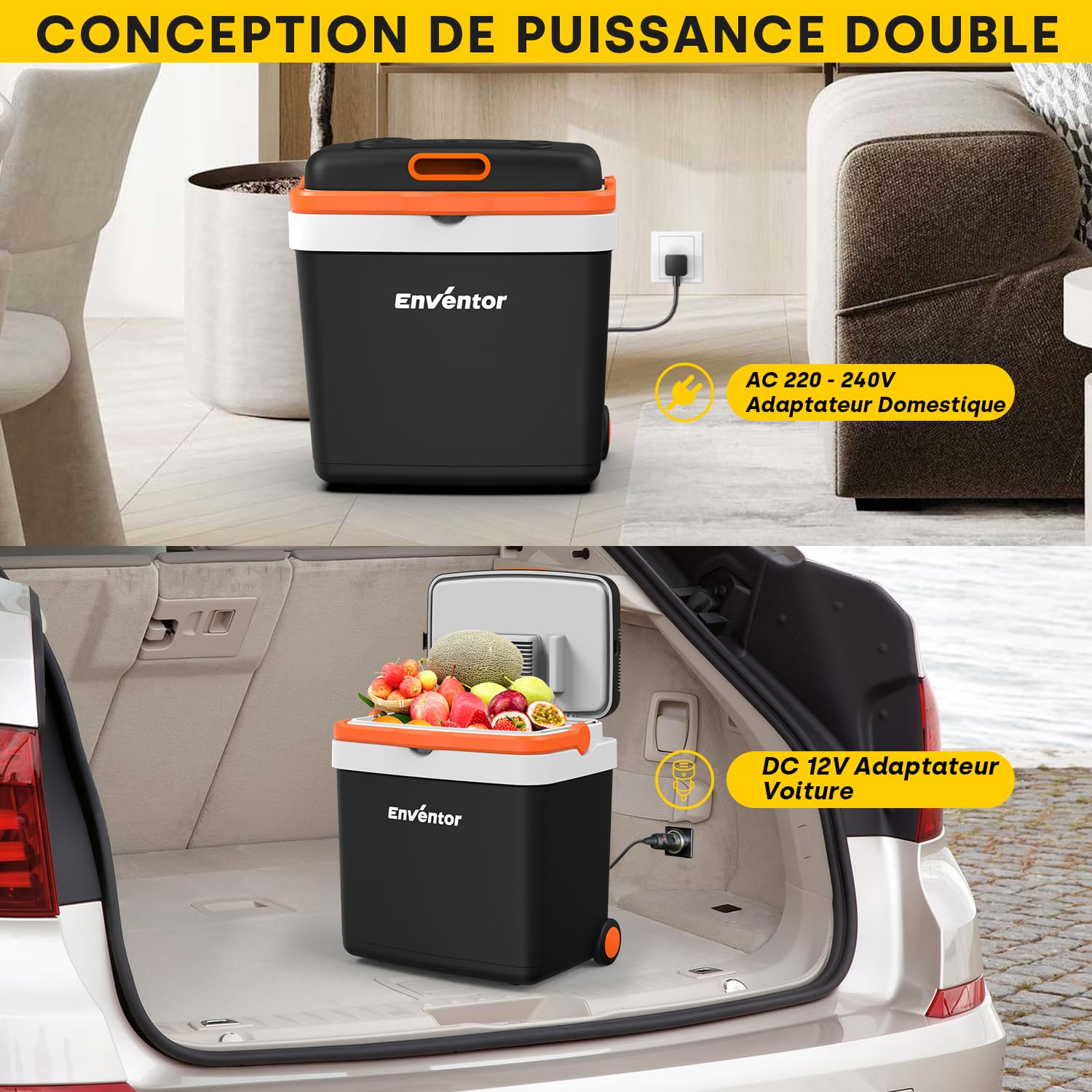 Enventor Glacière électrique 33 Litres, avec roulettes et poignée allongée, Mini Frigo pour garder au chaud et au frais, 12V 230V, mode ECO, réfrigérateur pour Voiture, Camping et Bateau