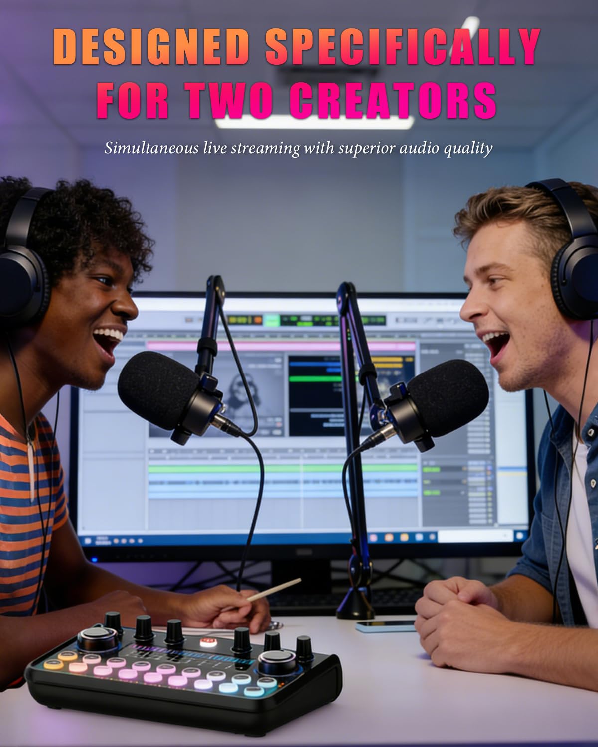 Podcast, microfono bundle, studio completo di registrazione con 2 microfoni, podcasting e distorsione vocale, mixer audio all-in-one perfetto per streaming live, podcast, registrazione, canto, gioco